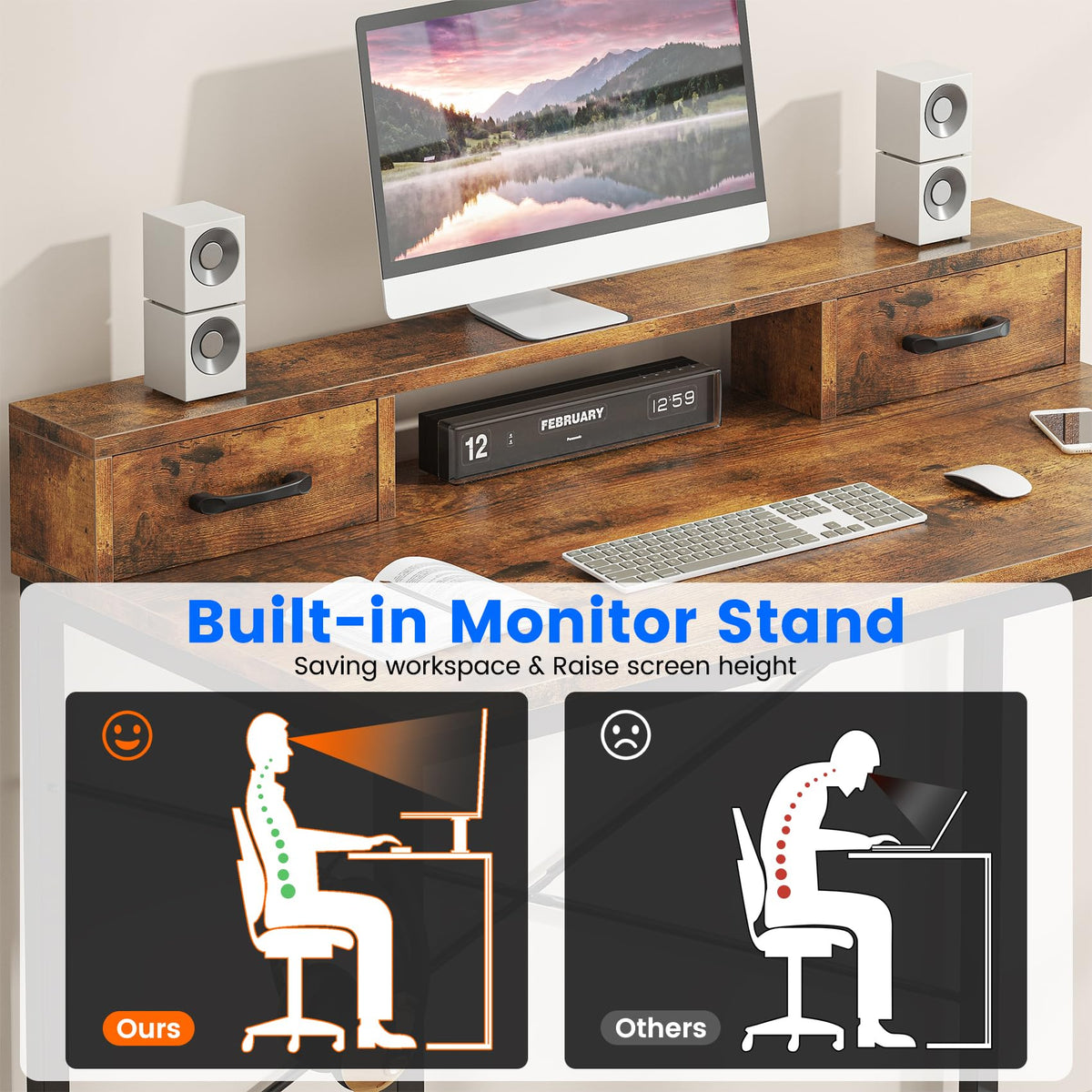 Feonase Industrial-Style Computer Desk with Elevated Monitor Riser & Dual Drawers – 100cm Wide MDF Desktop for Home Office