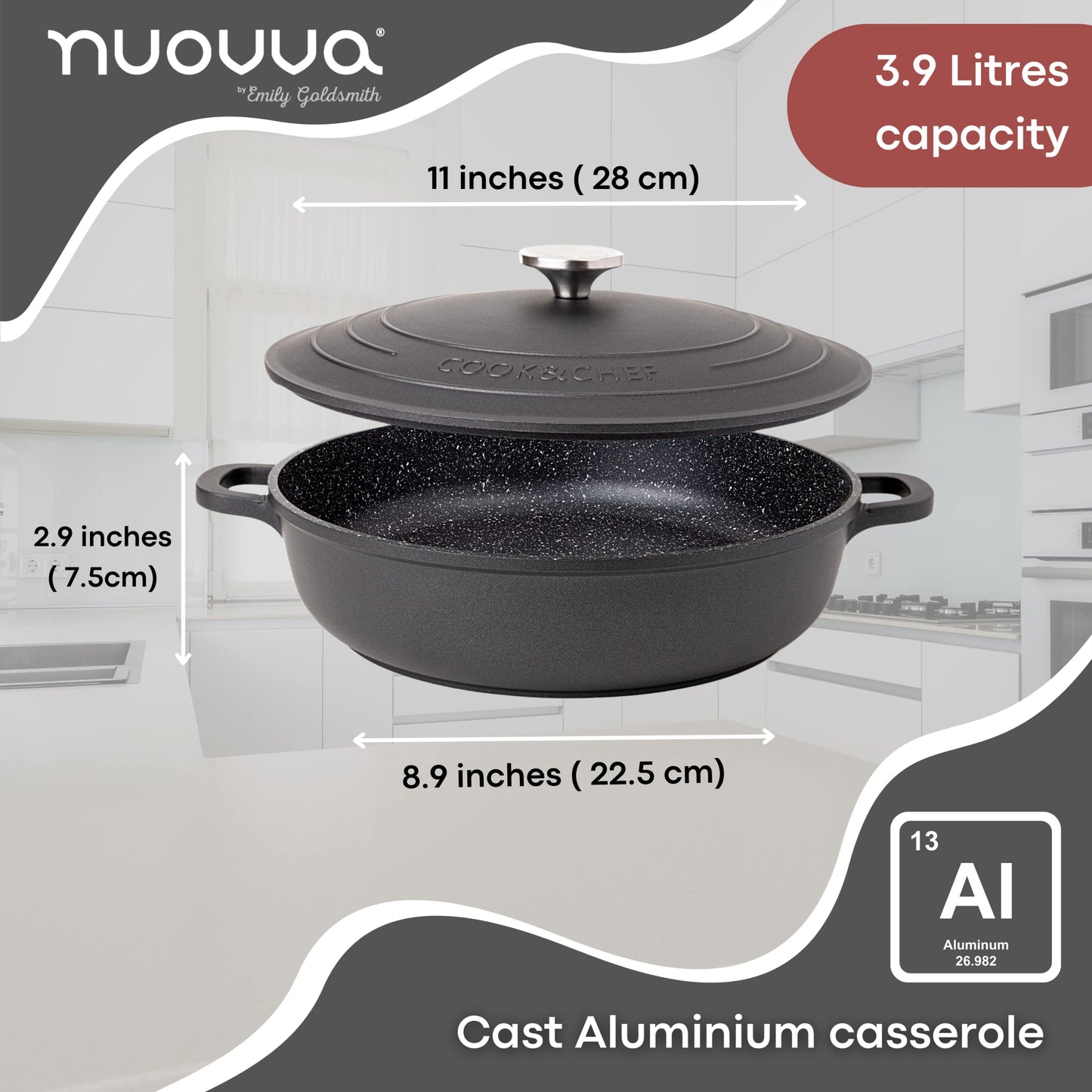 Non-Stick Aluminium Pot with Lid  Sturdy Shallow Dutch Oven  Casserole Pot with Ergonomic Handles  3.9L, 28cm Oven Safe Cooking Pot  by Nuovva