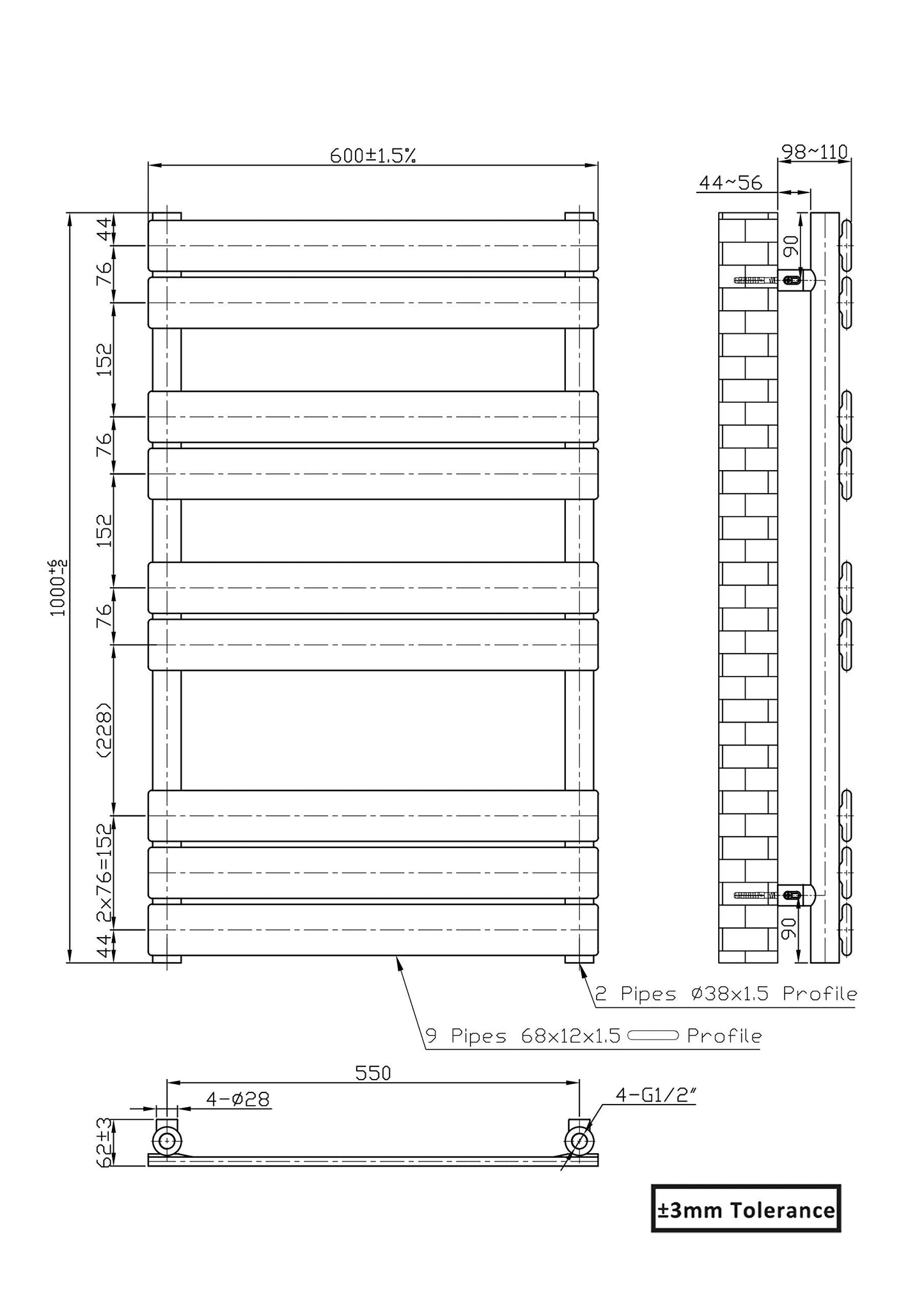 Warmehaus Black 1000x600mm Flat Panel Heated Towel Rail 68mm