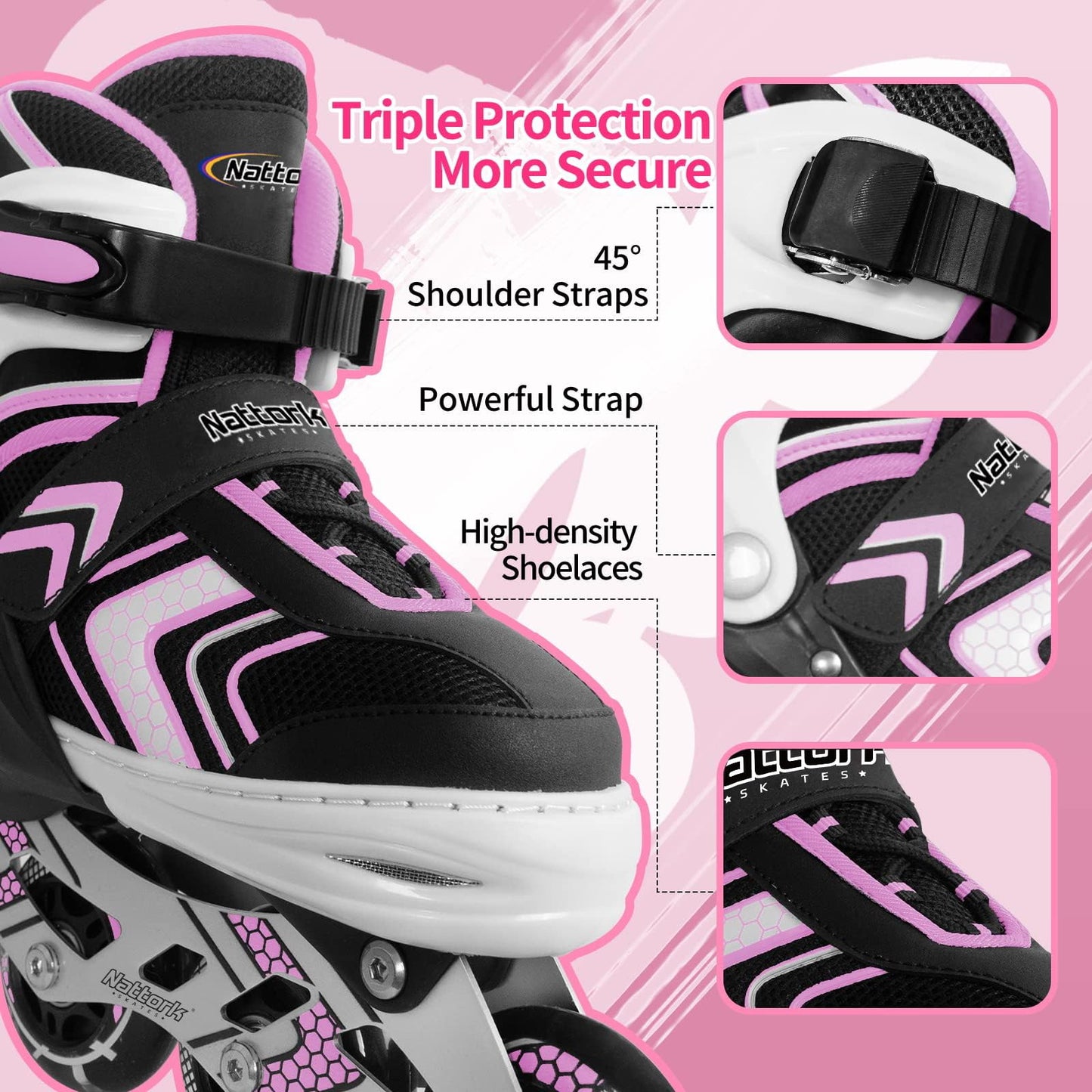 Nattork Roller Skates for Girls with Full Light up Wheels, Adjustable Beginner Inline Skates for Little Kids, Pink, Size 10J 11J 12J