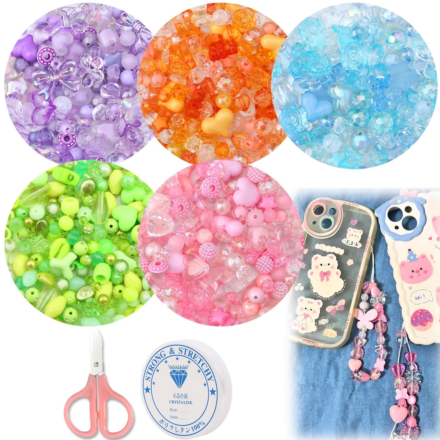 MaehSab 270-300 Pcs Cute Assorted Acrylic Kawaii Beads for Jewelry Making - Flower Bowknot Beads Bulk for DIY Bracelets, Necklaces, Phone Lanyard