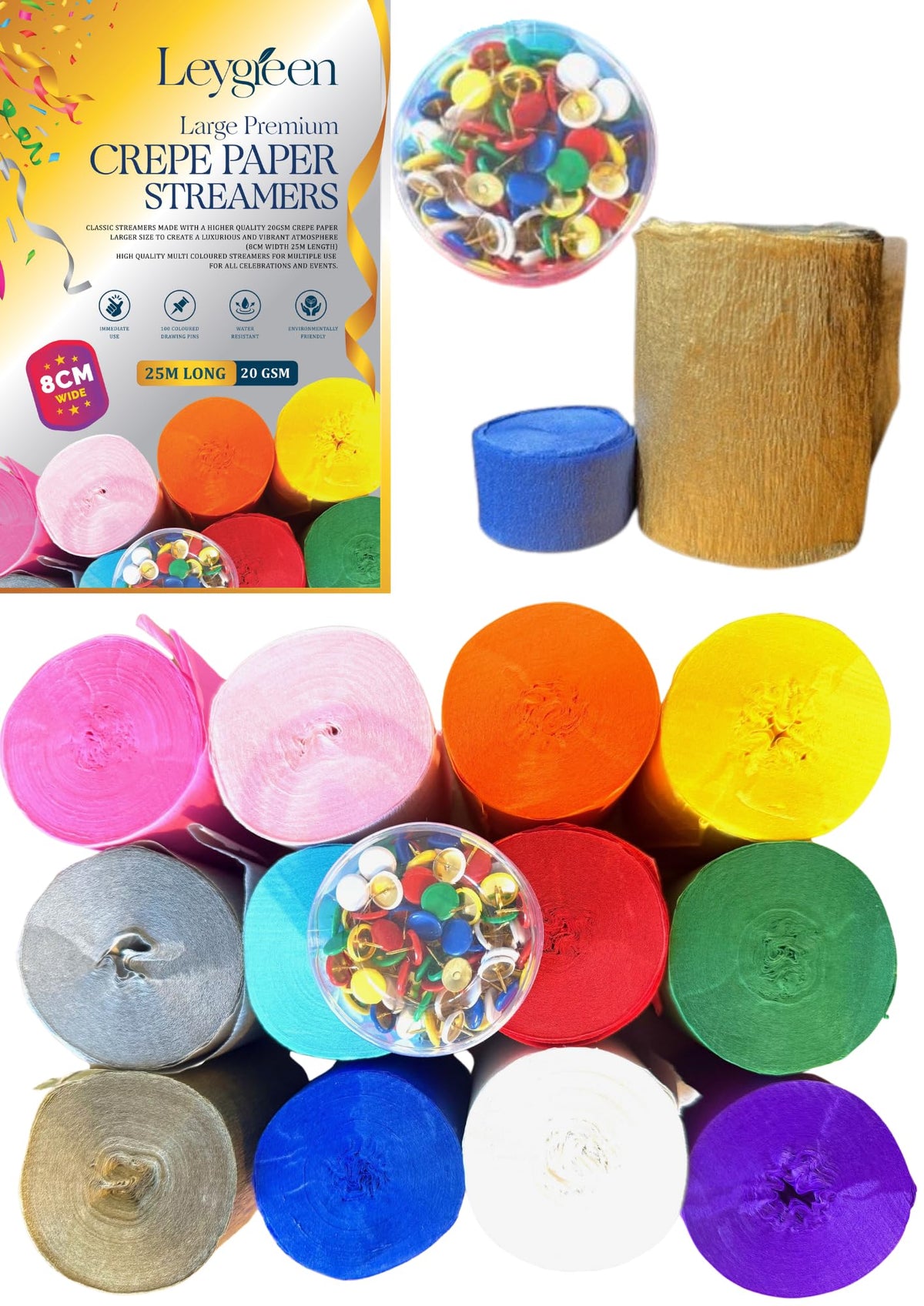 Extra Large Premium Crepe Paper Streamers ? 12 Bright Colours with 100 Coloured Drawing Pins | 8cm x 25m Long Crepe Paper Rolls | Water Resistant