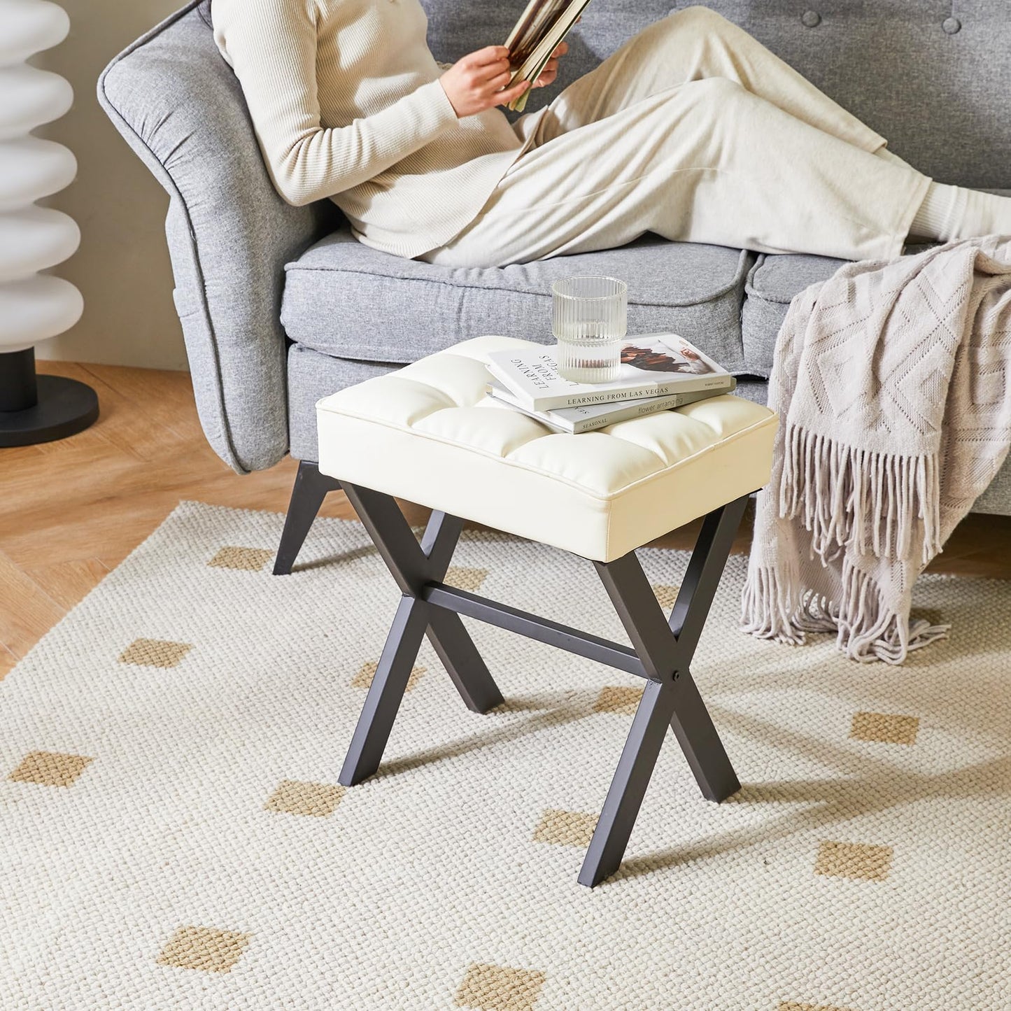IBUYKE Square Makeup Stool with X-Leg, PU Vanity Chair, White L/G-71W