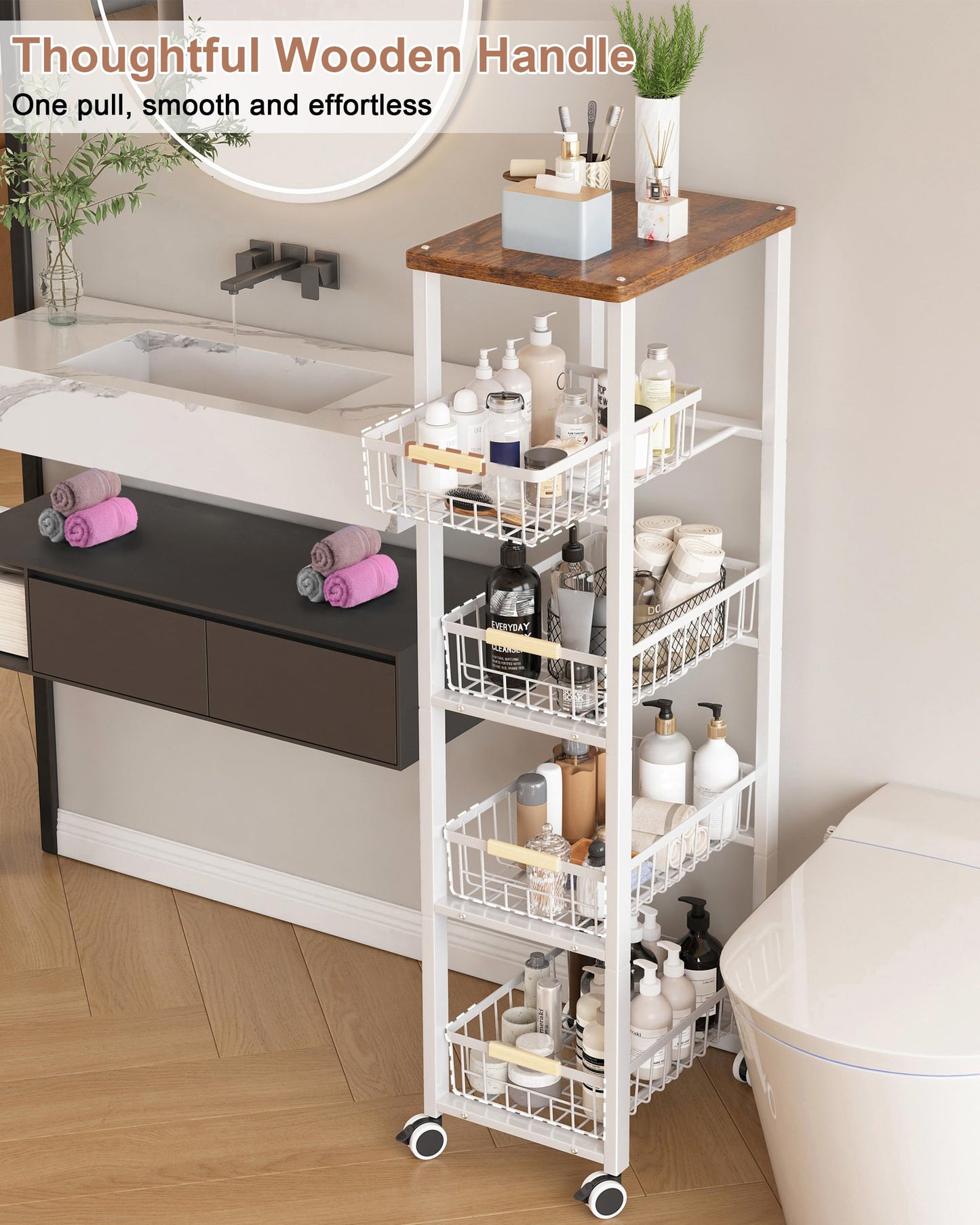 Ornestia 5-tier Vegetable Rack with Wooden Top for Kitchen Storage（White
