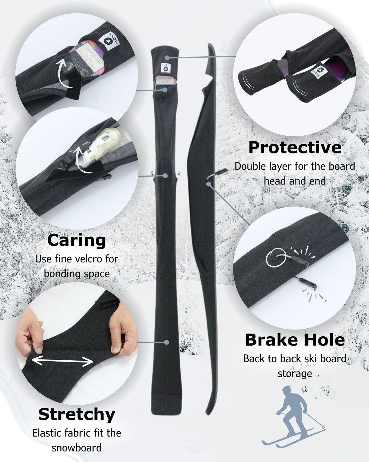MONS Snow Skis Protection Fabric Soft Sleeve Cover Wide Open Easy Pack (M)