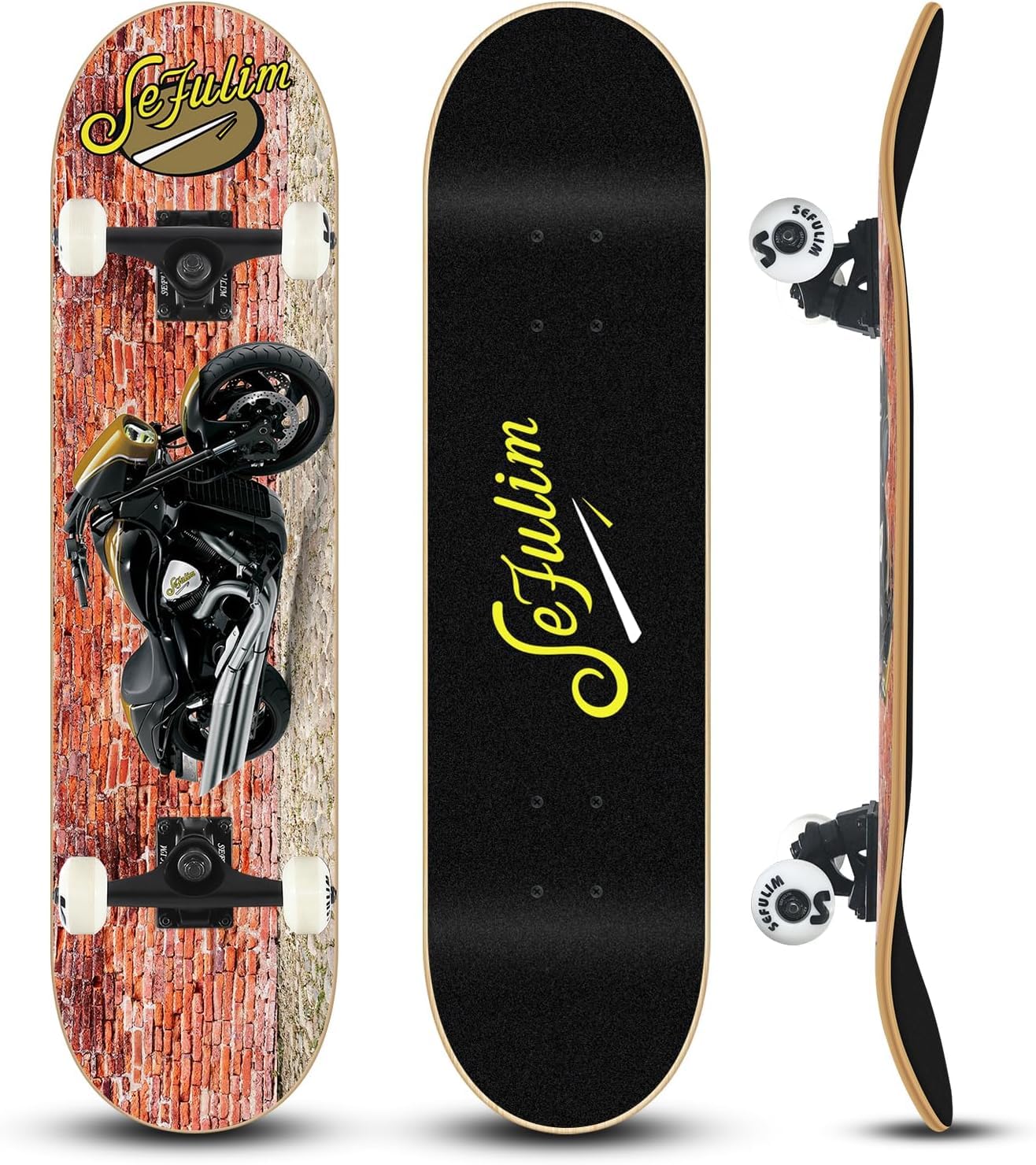 Sefulim 31 x 8 Inch Complete Skateboard 7 Layer Canadian Maple Double Kick Deck Skateboard for Boys Girls Teens Adults Beginner