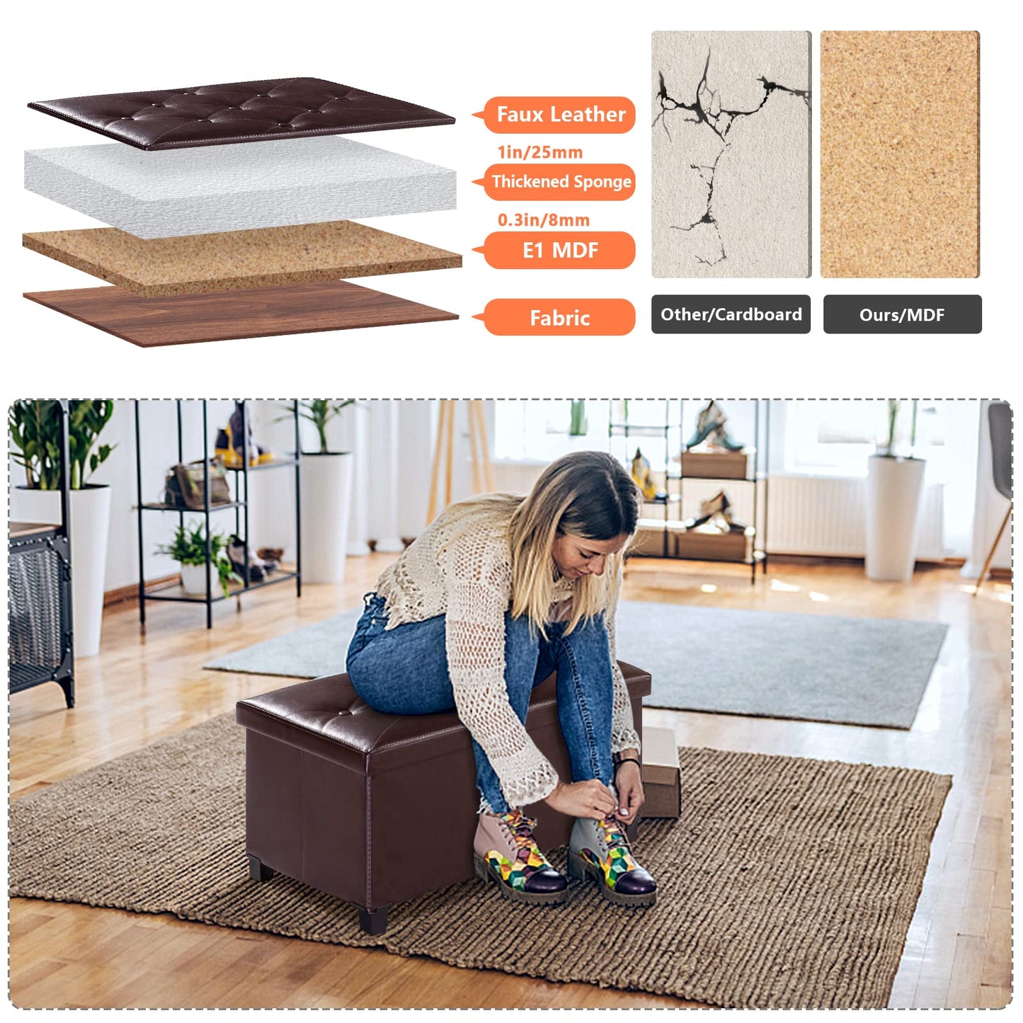 BRIAN & DANY Ottoman Storage Box with 4 Wood Legs, Faux Leather Storage Ottoman, Ottomans for Living Room, Brown, 76 x 38 x 38 cm