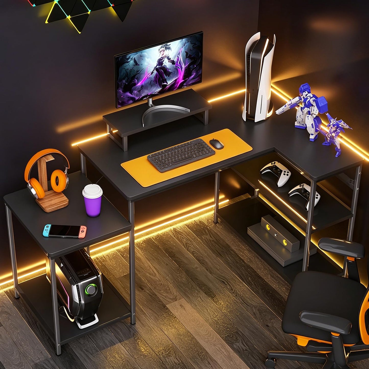 WUPY L Shaped Desk, Corner Desk with Monitor Stand, 152x80 cm Computer Desk Office Desk for Home Office with Large Reversible Storage Shelves
