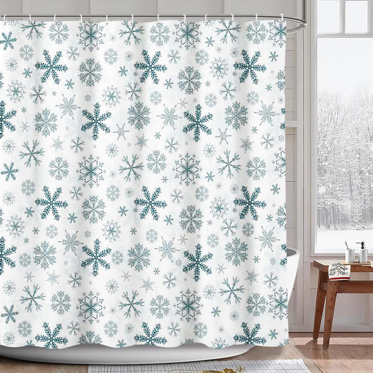AIBIIN Winter Snowflake Shower Curtain Blue Snow Pattern Bath Curtains Christmas Decor for Bathroom Durable Waterproof Polyester Material with 12