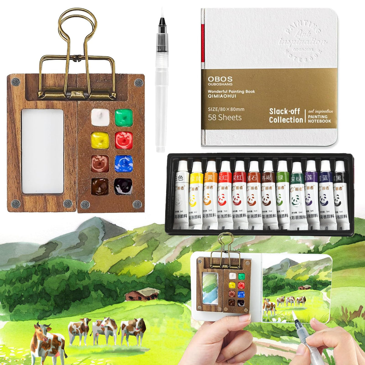 YouthLoxus 5Pcs Mini Watercolour Paint Set Travel, 8 Grids Wood Pocket Watercolour Set, Foldable Tobios Watercolour Kit for Painters?Artists and