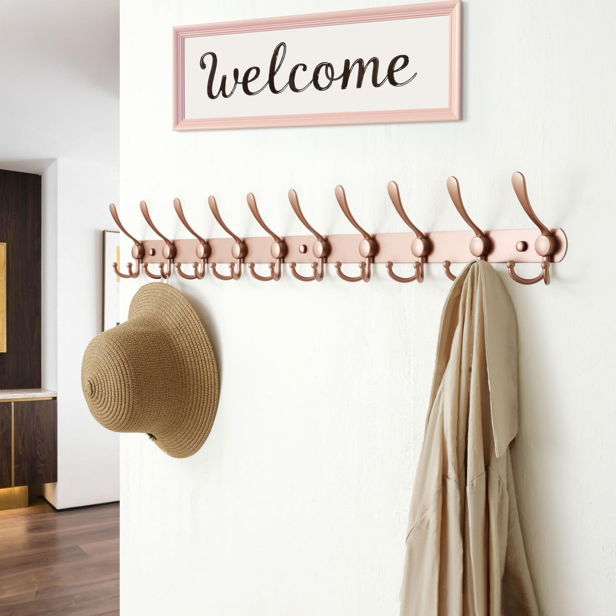 Dseap Coat Rack Wall Mount - 96cm Long 10-Tri-Hooks Heavy Duty Coat Hanger Rail Wall Hooks for Hanging Coats Hats Clothing Clothes Purse Mudroom
