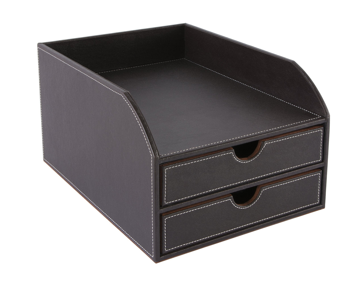 OSCO Brown Faux Leather 2 Tier Sorter with Letter Tray | A4 | Drawers | Desk Tidy | Document Storage | Paperwork Organiser | File Holder | 35 x 25 x