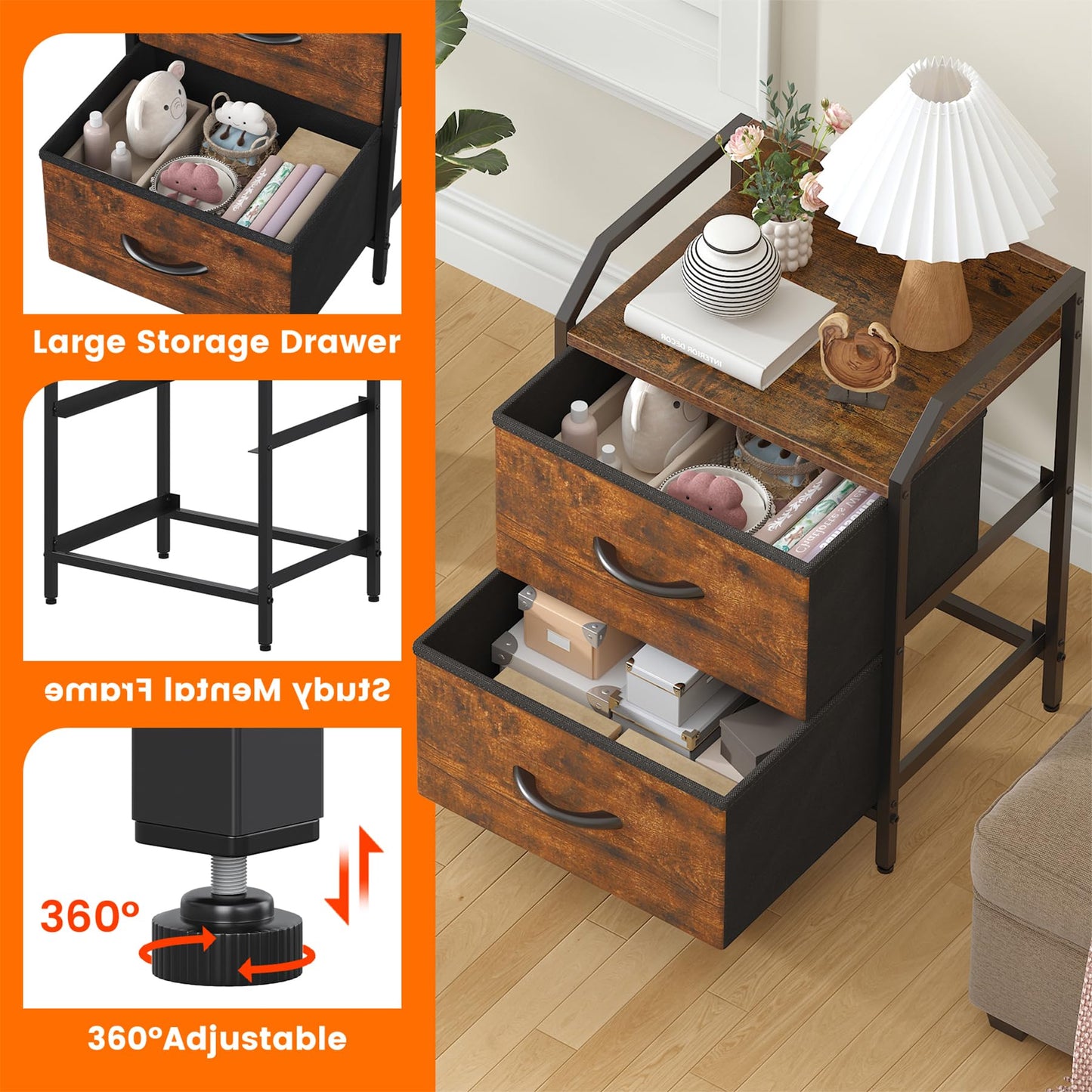 Feonase Bedside Table, Bedroom Bedside Cabinet with 2 Fabric Drawers, Nightstand Side Table for Bedrooms, Living Rooms(Rustic Brown)