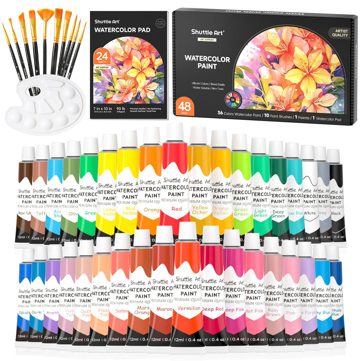 Shuttle Art 48 Pack Watercolour Paint Set, 36 Colours Watercolour Paint in Tubes (12ml Each) with 10 Brushes, 1 Watercolour Pad, 1 Palette, Premium