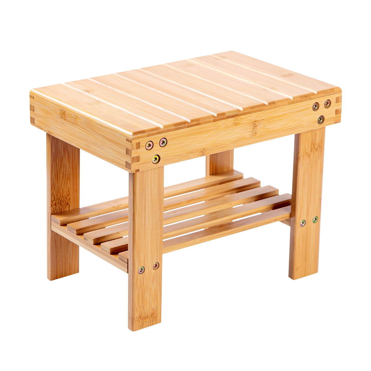 VaeFae Bamboo Small Stool for Kids or Adults Foot Rest Shaving Step Stool with Storage Shelf Stable Anti Slip Wooden Bath Stool for Home Bathroom