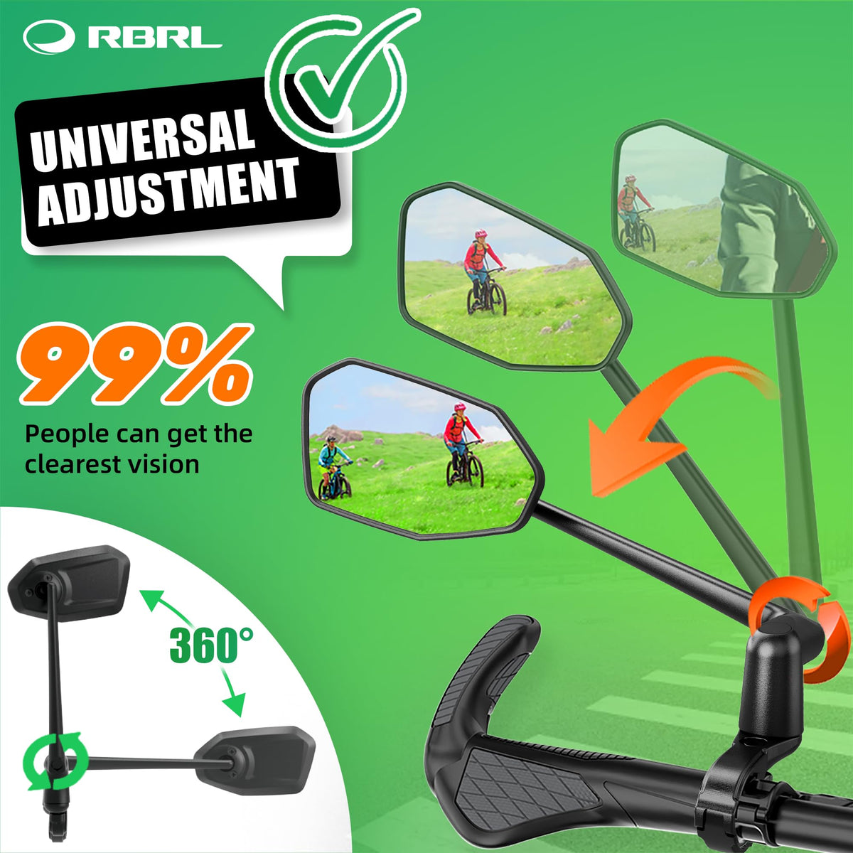 RBRL Bike Mirror, Aluminum Alloy Bicycle Mirror Handlebar Mount, Anti-shake & Break-proof, Foldable HD Real Glass Rotatable Ebike Accessories, Bike