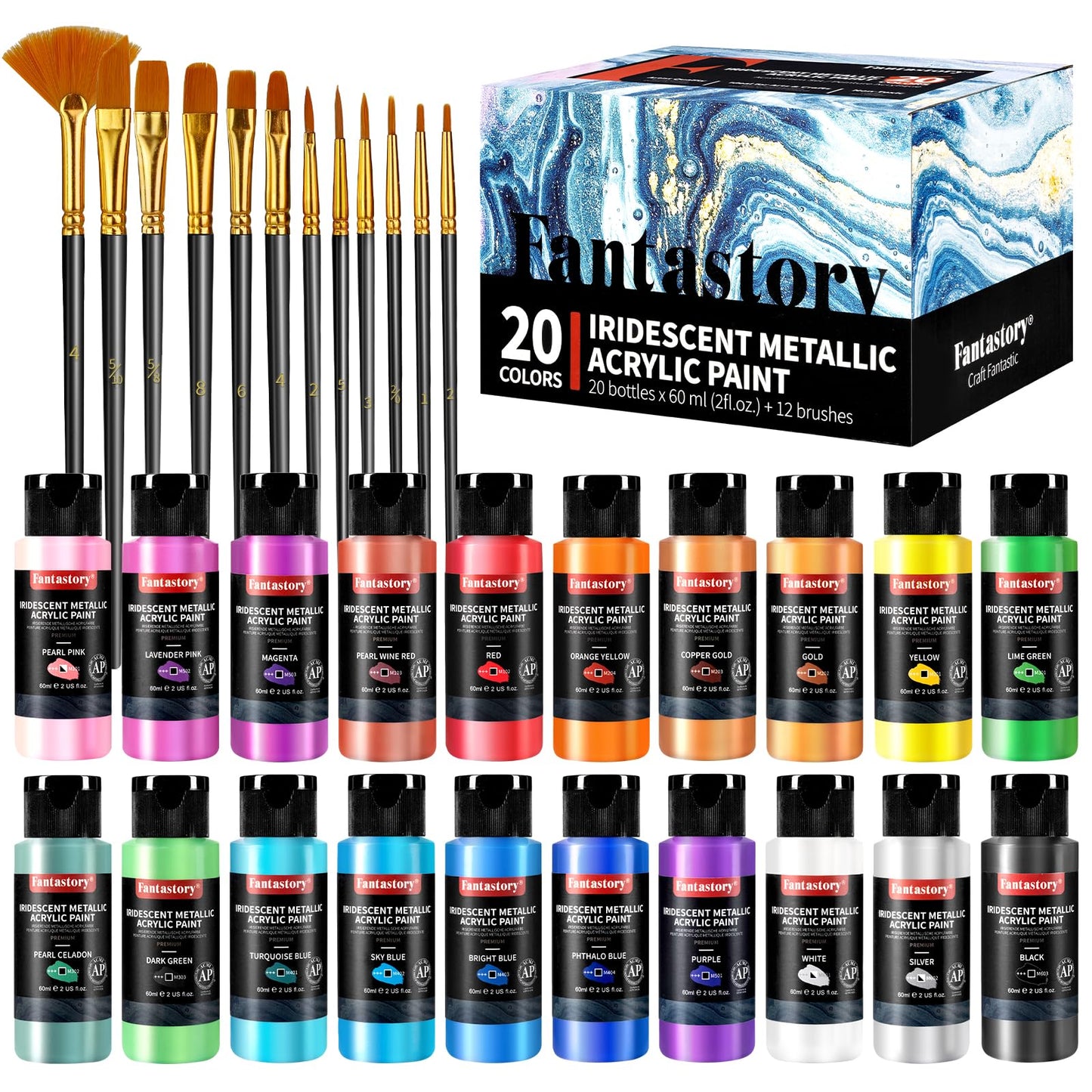 fantastory Metallic Iridescent Acrylic Paint Set with 12 Brushes, 20 x 2oz Metallic Colors, Color-Shifting, Craft Paint Kit,