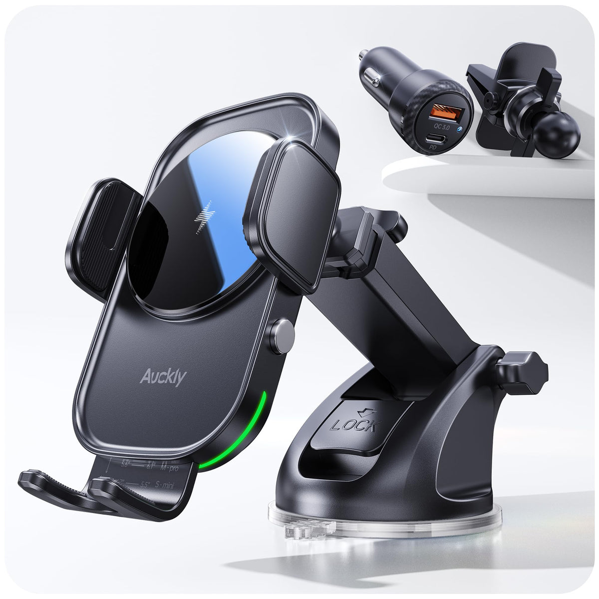 Auckly ?QC3.0+Sucker+Clip? Car Phone Holder Wireless Charger,Qi 15W Fast Wireless Car Charger Automatic Sensor Phone Holder Vent Mount Compatible for