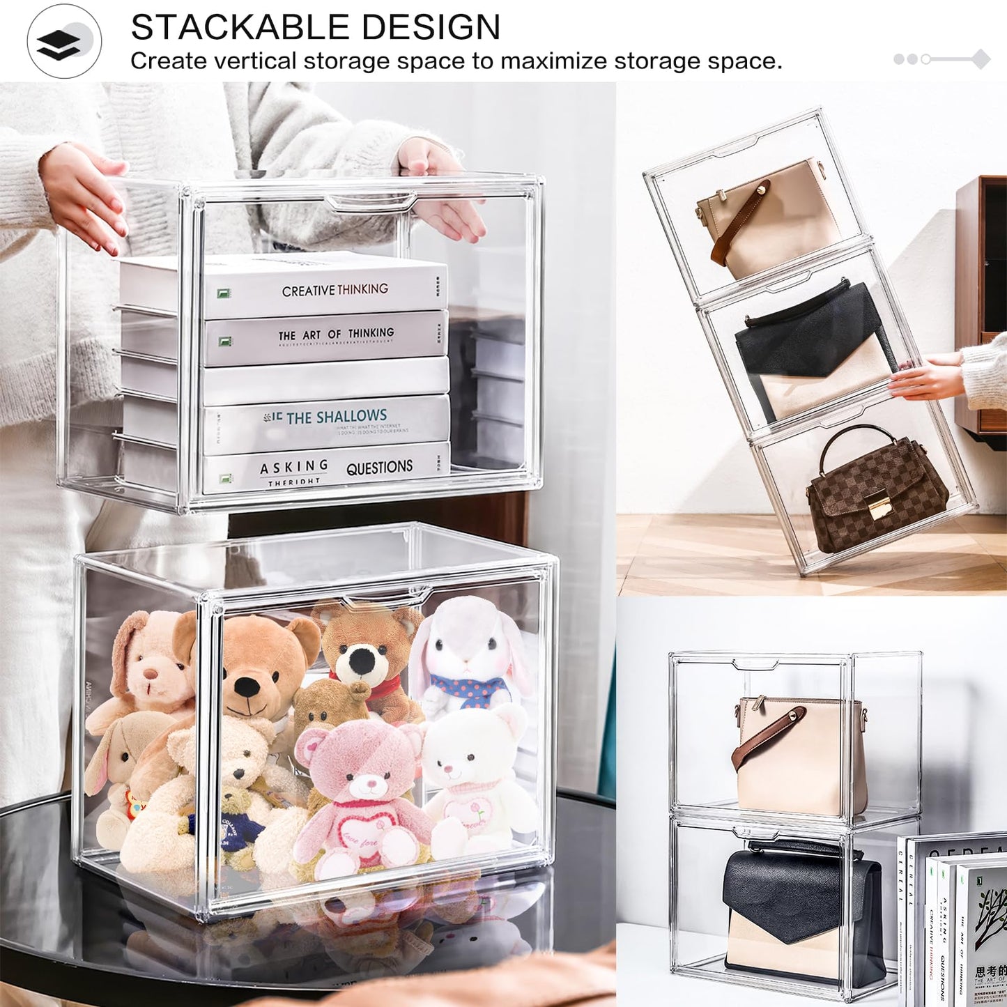LINYAPRY 4 Packs Clear Plastic Handbag Storage Organizer for Closet, Acrylic Display Box for Handbag, Stackable Storage Boxes Bag Organizer with