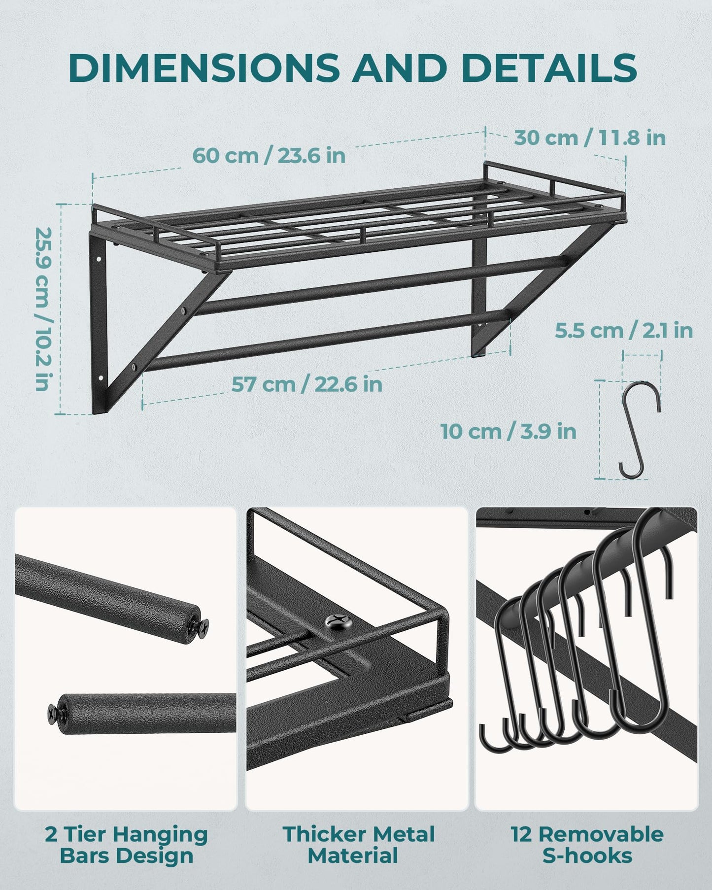 OROPY Wall Mount Pot Pan Racks, Saucepan Hanging Rack, Kitchen Utensils Hanging Shelf with 2 Rails, 12 Hooks, 60cm