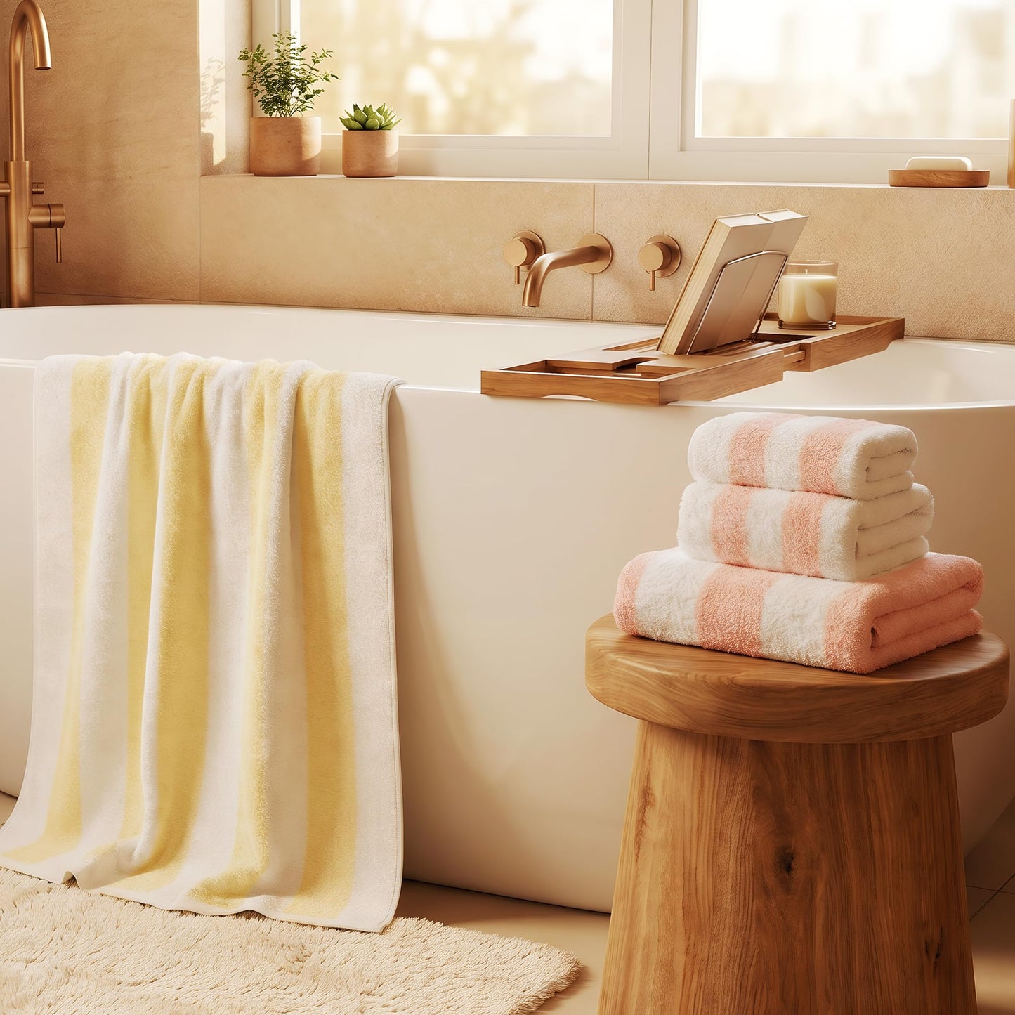 Vie TRIOMPHE Luxury Striped Bath Towel Set of 6 100% Long Staple Cotton Zero Twist Soft Lightweight Absorbent Quick Dry Pink Yellow
