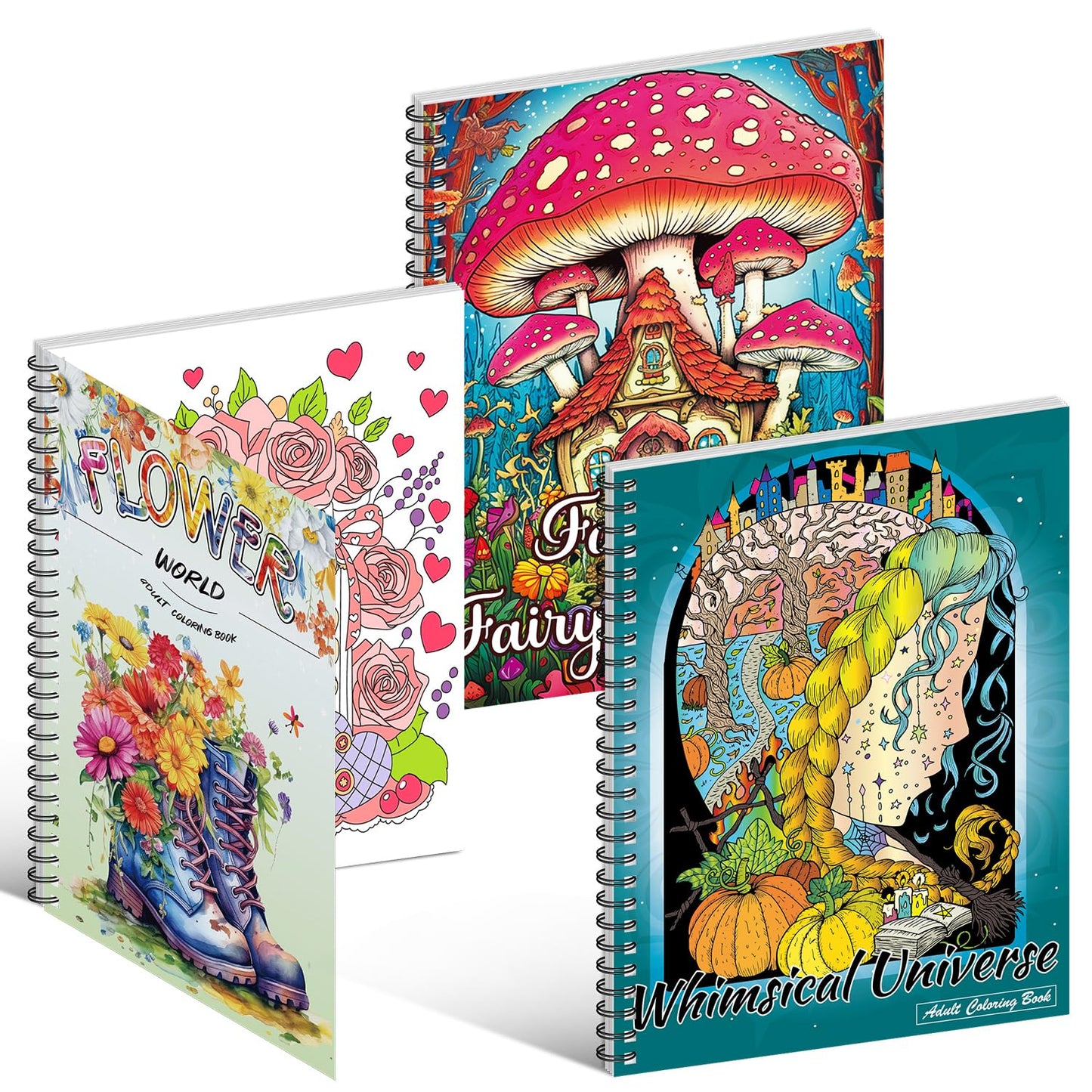 Kalysky 3 Pack Adult Colouring Books, Mindfulness Colouring Books for Adults, Themes Include Flower World, Whimsical Universe, Fantasy Fairy Homes for