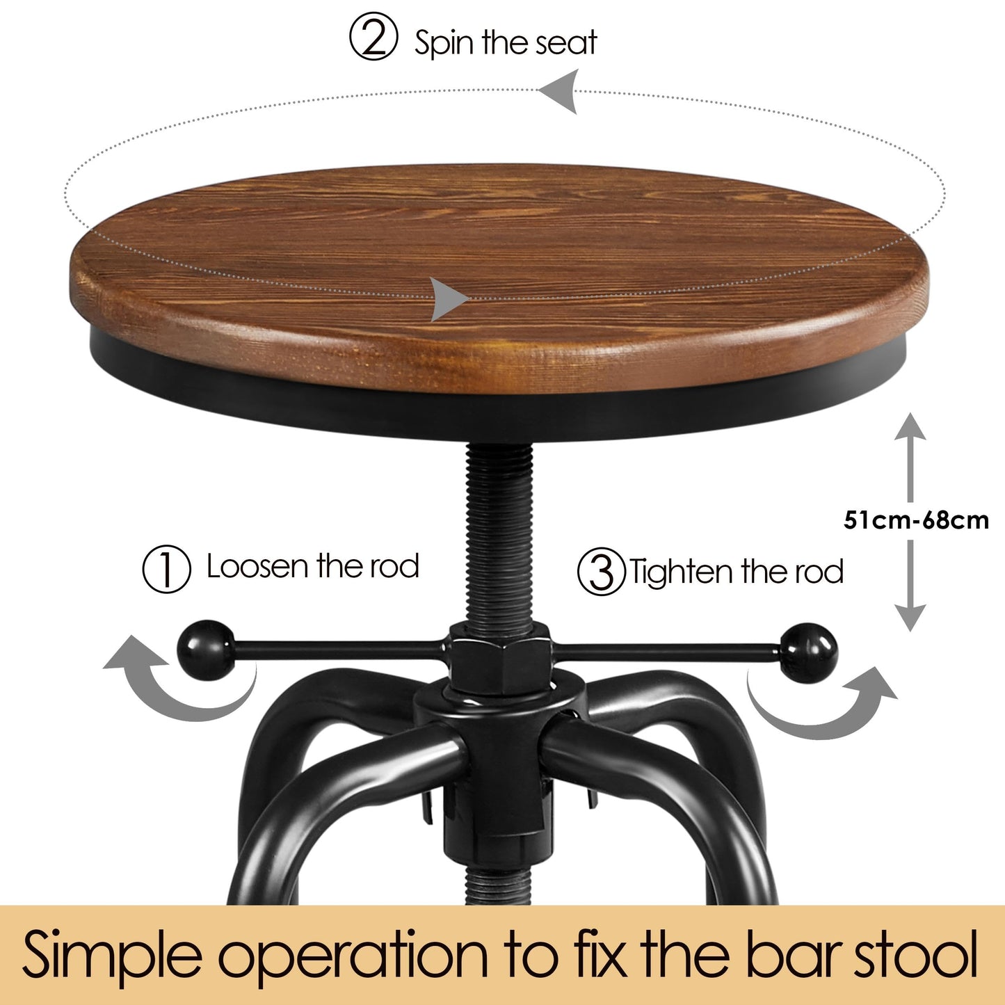 Yaheetech Vintage Round Adjustable Industrial Bar Stools, 1PCS Brown
