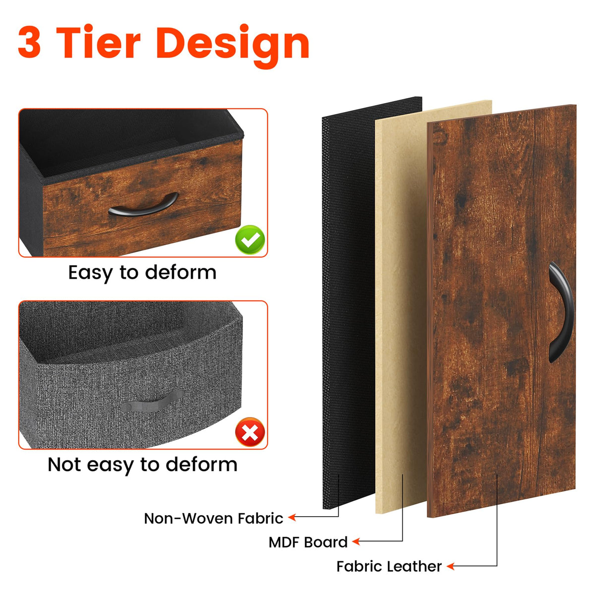 Feonase Bedside Table, Bedroom Bedside Cabinet with 2 Fabric Drawers, Nightstand Side Table for Bedrooms, Living Rooms(Rustic Brown)