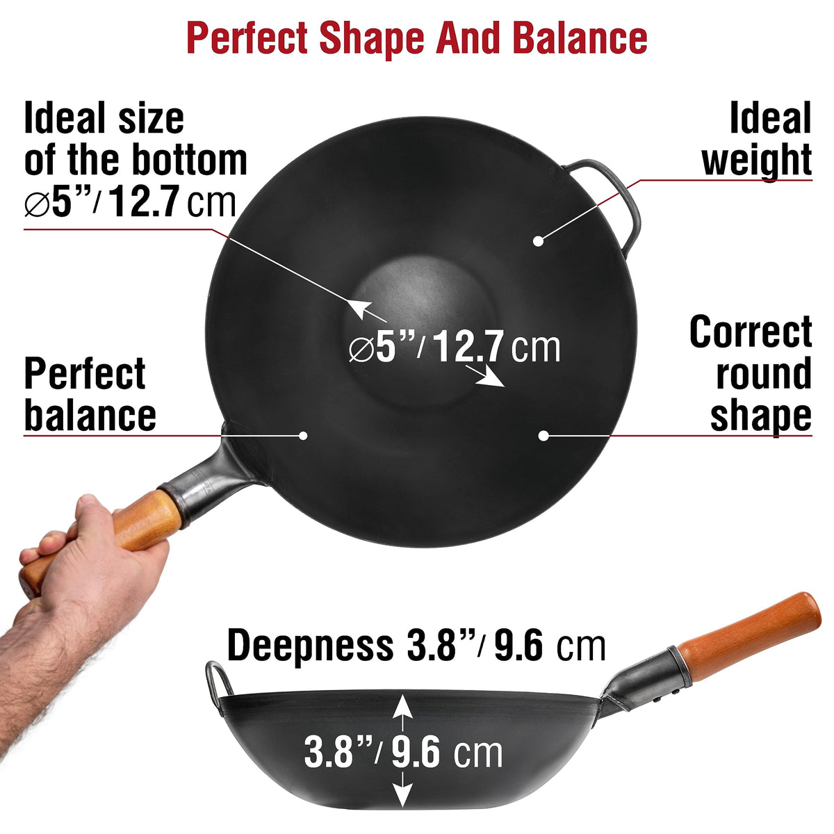YOSUKATA Carbon Steel Wok Pan  34 cm Woks and Stir Fry Pans - Chinese Wok with Flat Bottom Pow Wok - Traditional Chinese Japanese Woks - Black Steel