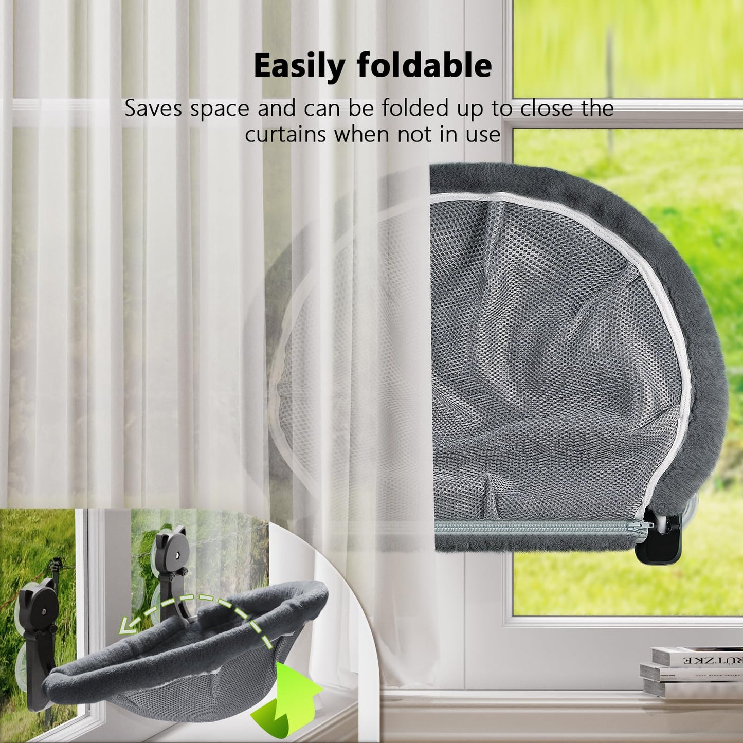 JUNSPOW Cat Window Perch Cordless, Foldable & Stable Kitten Beds- Breathable Cat Window Hammock for Overlooking, Sunbathing and Climbing - Maximum