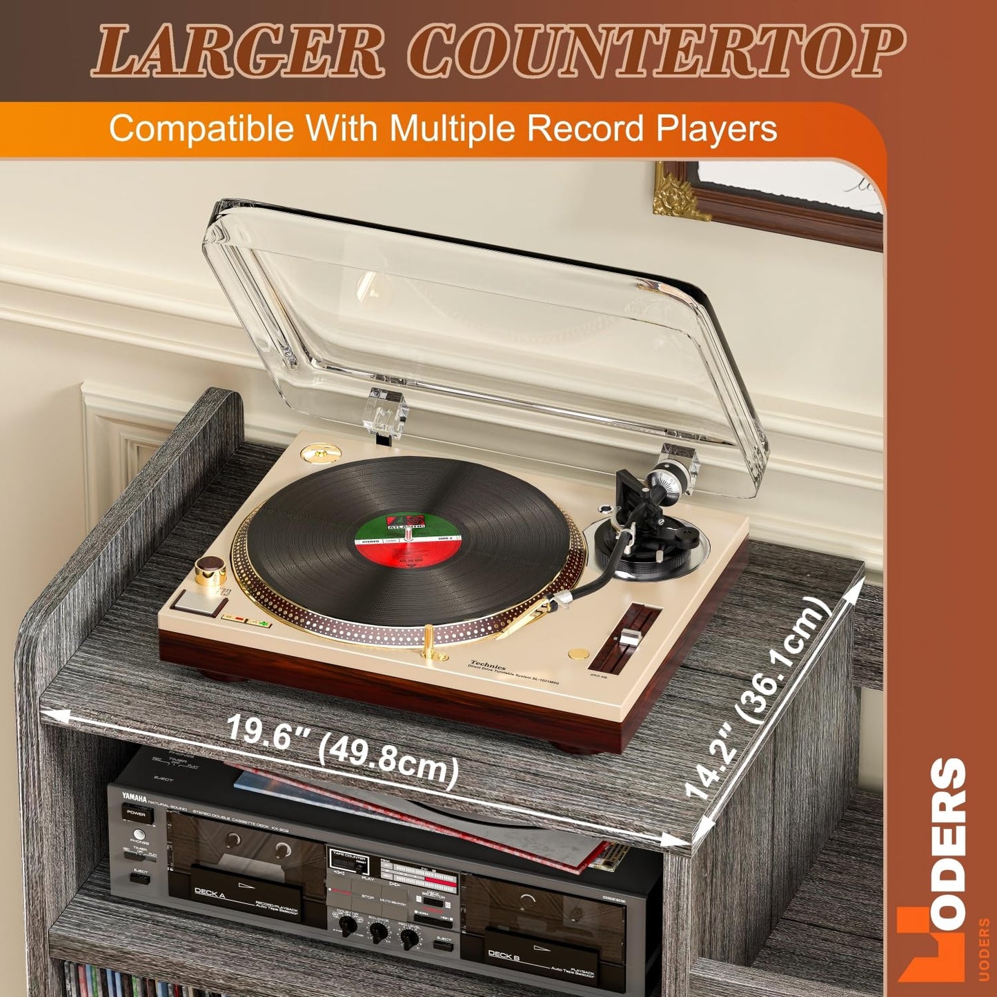 UODERS Record Player Stand, Large Record Player Table Cabinet with Open Vinyl Storage and Display Shelf Holds up to 350 Albums