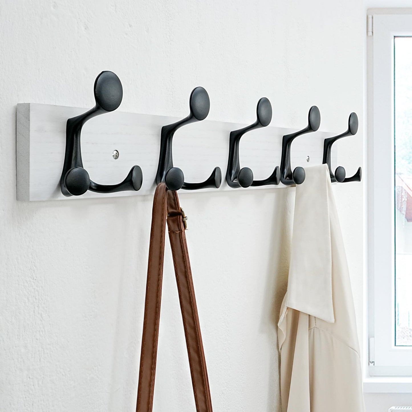SKOLOO 61cm White Wood Coat Rack Wall Mount with 5 Triple Hooks - Ideal for Family Entrances, Classrooms, and Pet Supplies Storage