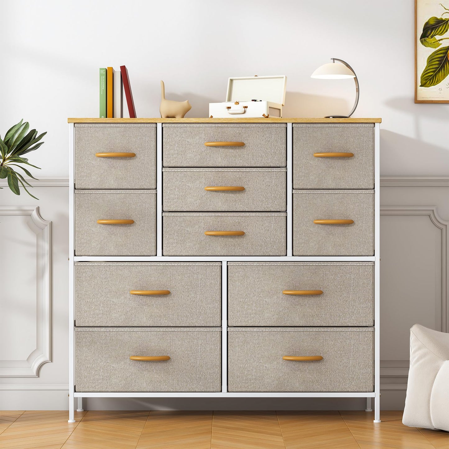 Feonase Chest of Drawers,Bedroom Tall Dresser with 11 Fabric Drawers, Metal Frame & MDF Wood Top, Adjustable Feet, Storage Organizer Unit for Bedroom