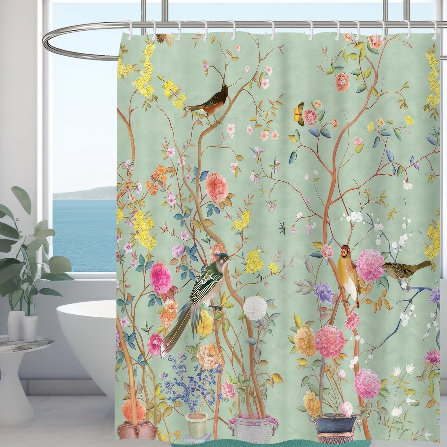 Minicoco Mould Proof Resistant Wet Room Shower Curtain 100% Polyester Waterproof Bathroom Curtain Floral Scenery with 12 Hooks, 180 x 180 cm