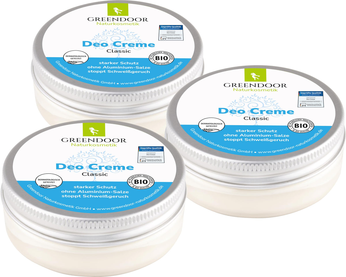 Pack of 3 Greendoor deodorant cream, aluminium free, 3 x 50 ml, cream deodorants, free from aluminium salts and preservatives, alcohol-free, Peta