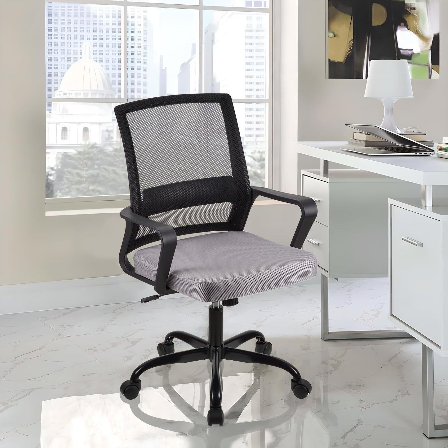 T-THREE.Adjustable office chair, ergonomic mesh swivel seat, with lumbar support, height adjustment, 360° rotation, and tilt function