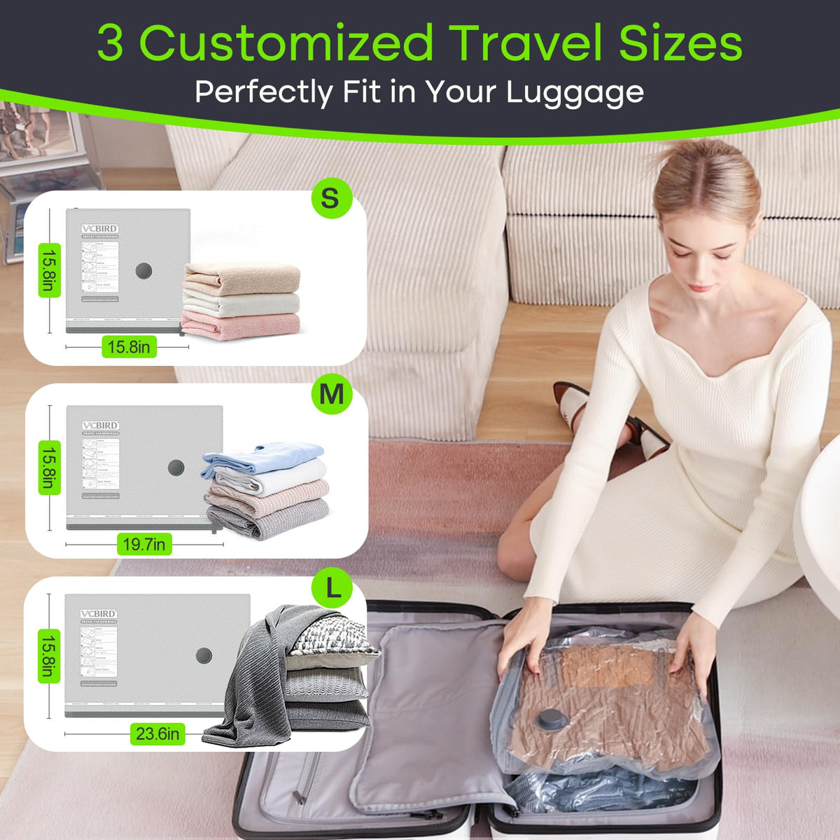 Vacbird Vacuum Storage Bags, Reusable Space Saver Bags with Electric Air Pump, Double Zip and Airtight Valve for Travel, 9 Pack