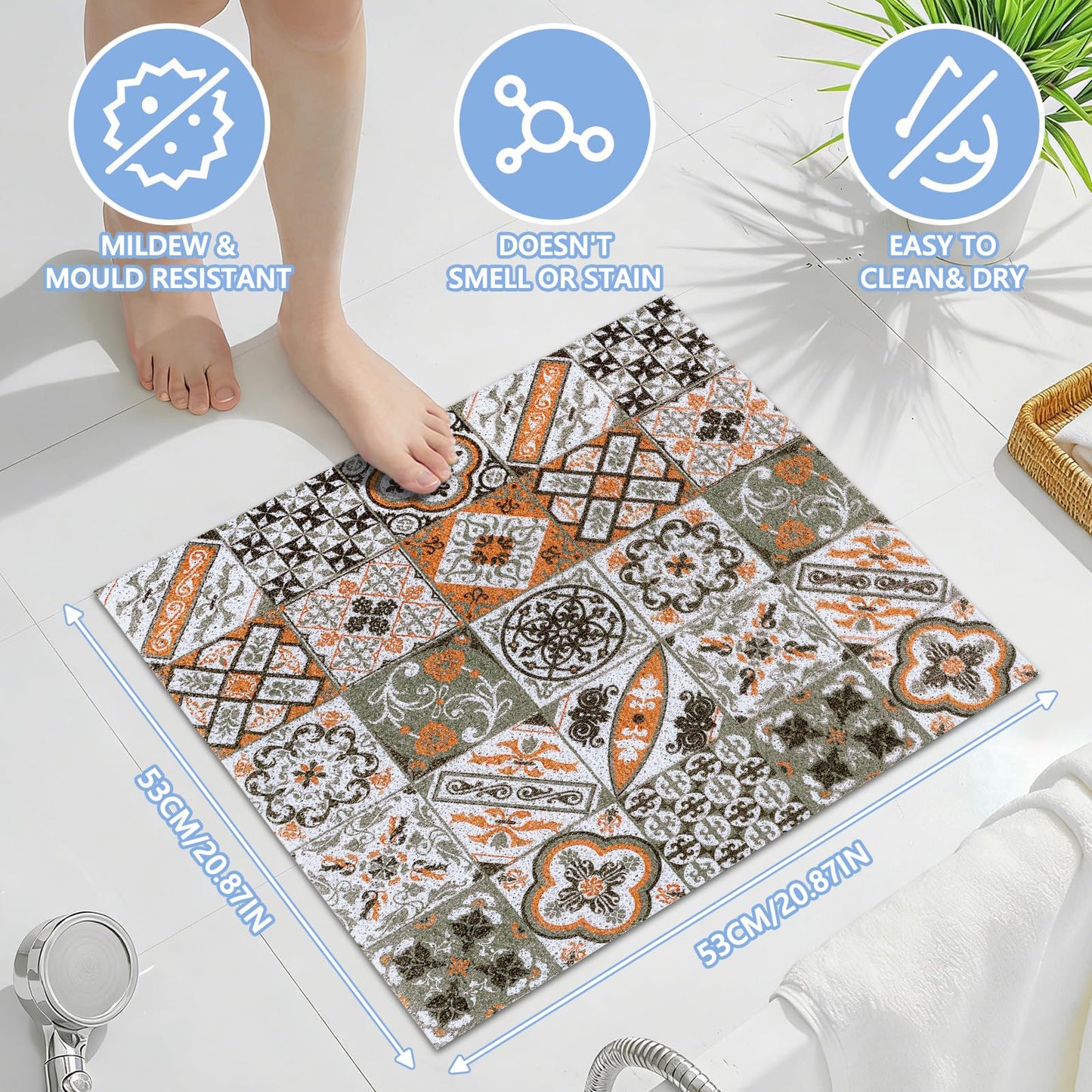 Capslpad Square Shower Mat 53x53cm-Non-Slip Anti-Mould PVC Bath Mat, Soft Quick Dry Loofah Texture with Drain Holes