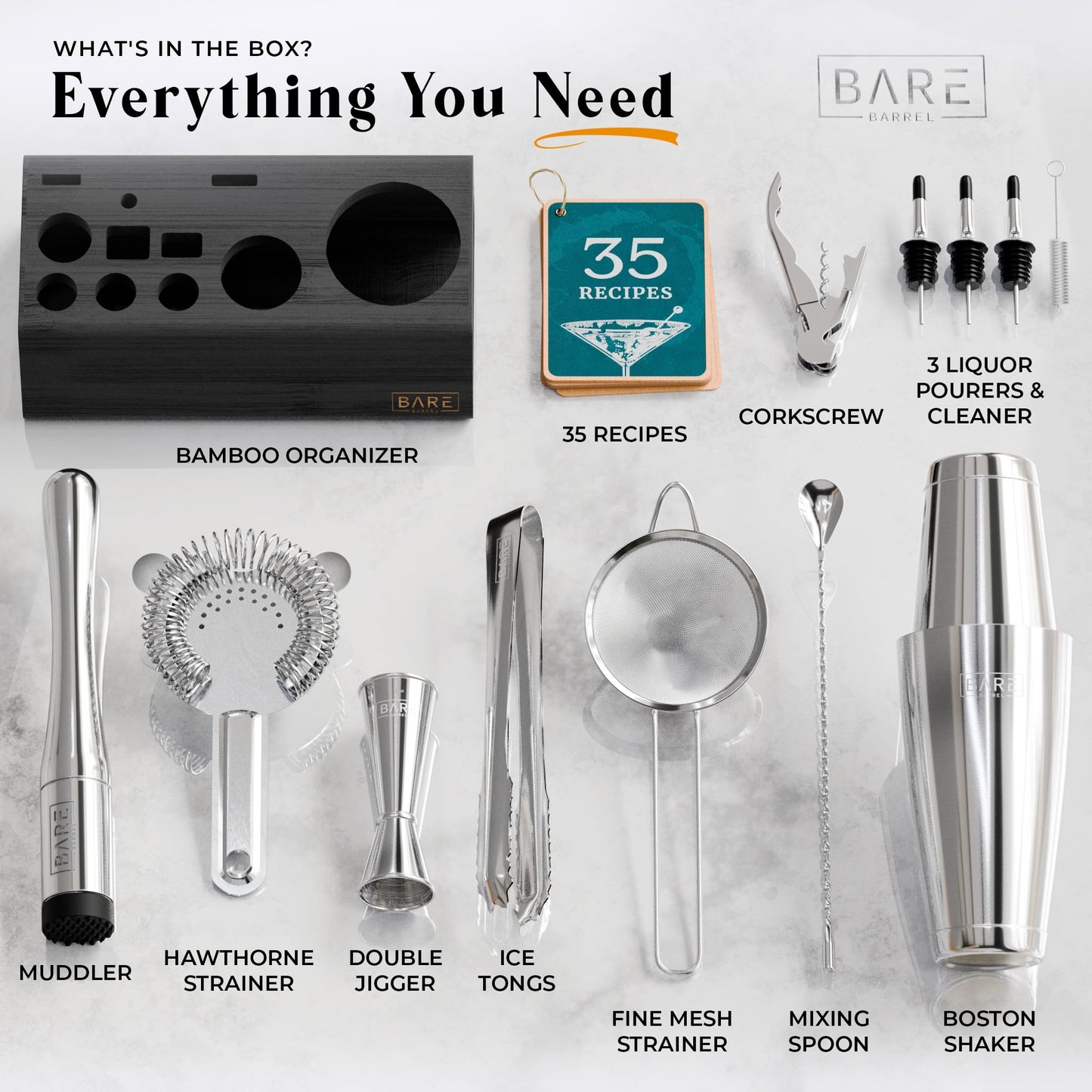 BARE BARREL Cocktail Making Kit | 14-Piece Bartender Kit Cocktail Shaker Set Maker | Bamboo Display Stand & 35 Recipe Cards | Mixology Cocktail Gift