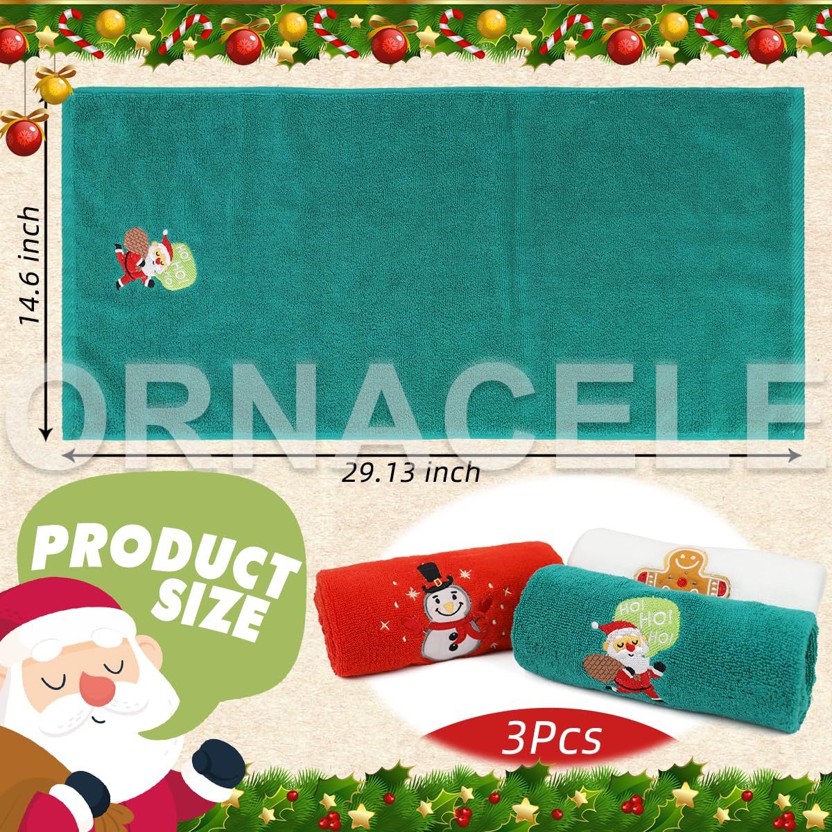 ORNACELE 3 Pack Large Size Christmas Hand Towels, 13.4 x 29.1 inch 100% Thick Cotton Christmas Kitchen Towels