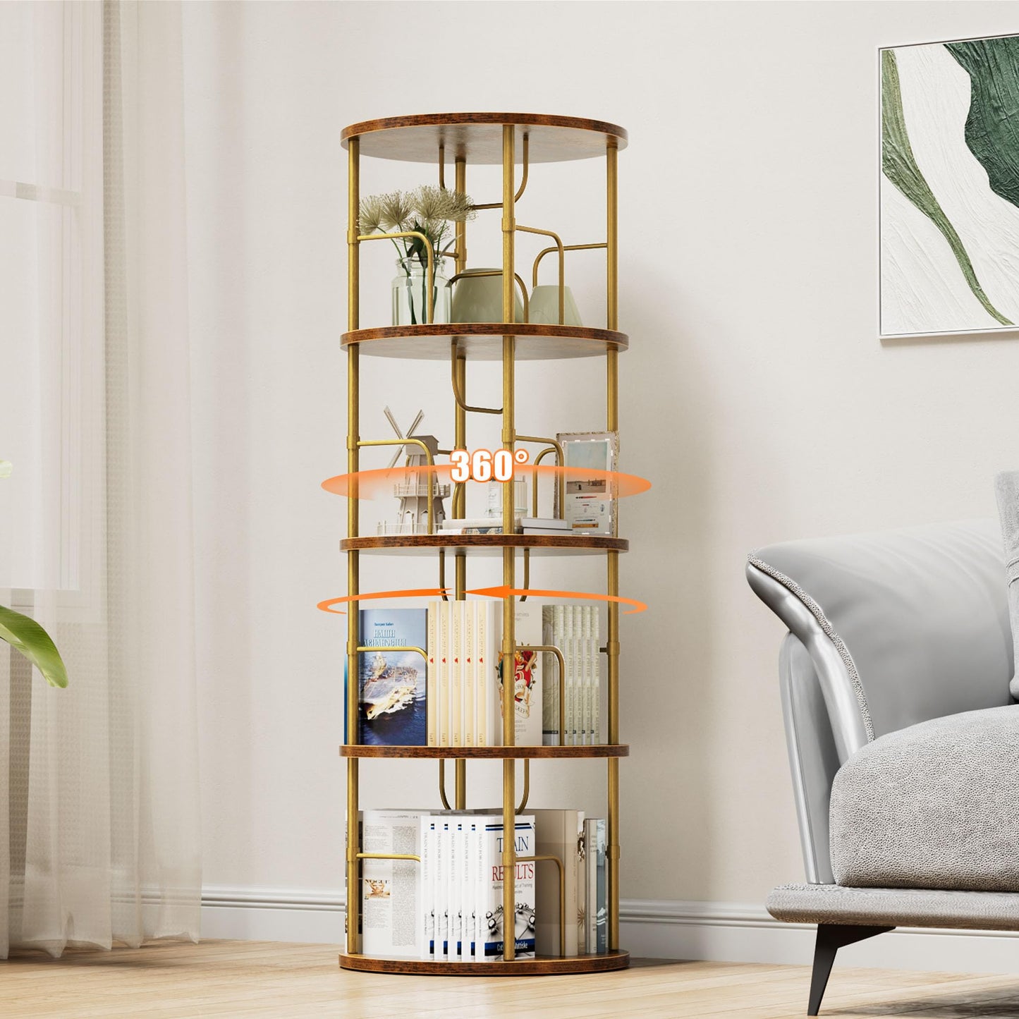 OCTORO 4 Tier Rotating Bookshelf, 360° Corner Bookshelf Tower, Round Revolving Bookcase with Adjustable Levels, Spinning Book Shelf for Home Office