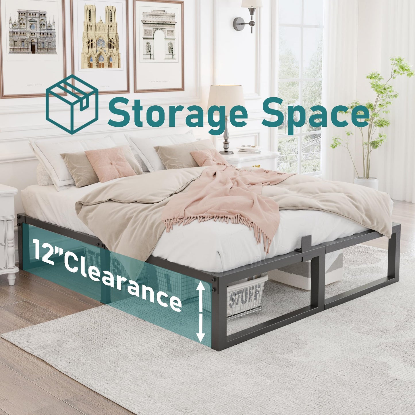 Yitong Angel 6ft Super King Bed Frame 180x200 cm - 36cm High Heavy Duty Metal Bed Frame Super King with No Box Spring Needed Platform Bed Base Noise