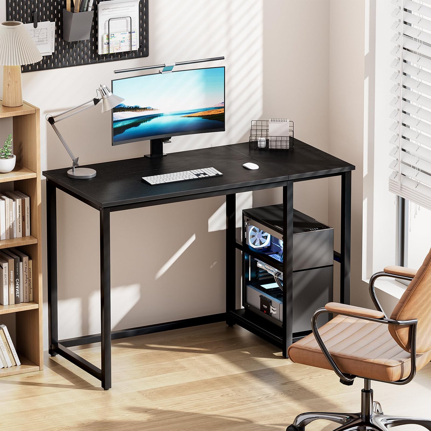 WOHOMO Computer Desk with Storage 120cm Table with 2-Tier Shelves, Black