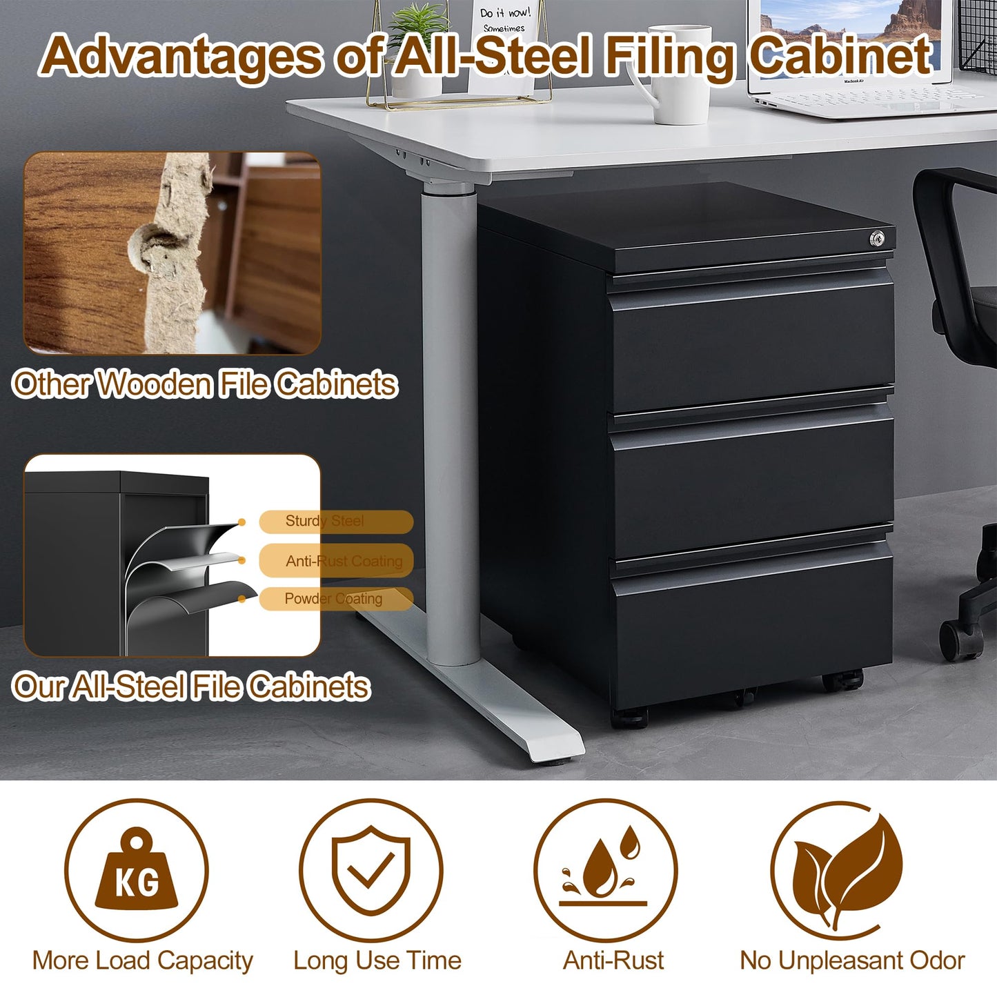 HOMSTEEL 3 Drawers File Cabinet, Metal Filing Cabinet with Lock, Mobile File Cabinet, Fully Assembled Except Casters, for Office, Home Office, Black