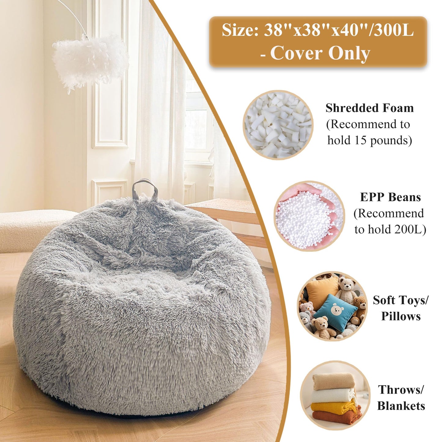XeGe Faux Fur Stuffed Animal Storage Bean Bag Cover(No Filler), Light Grey
