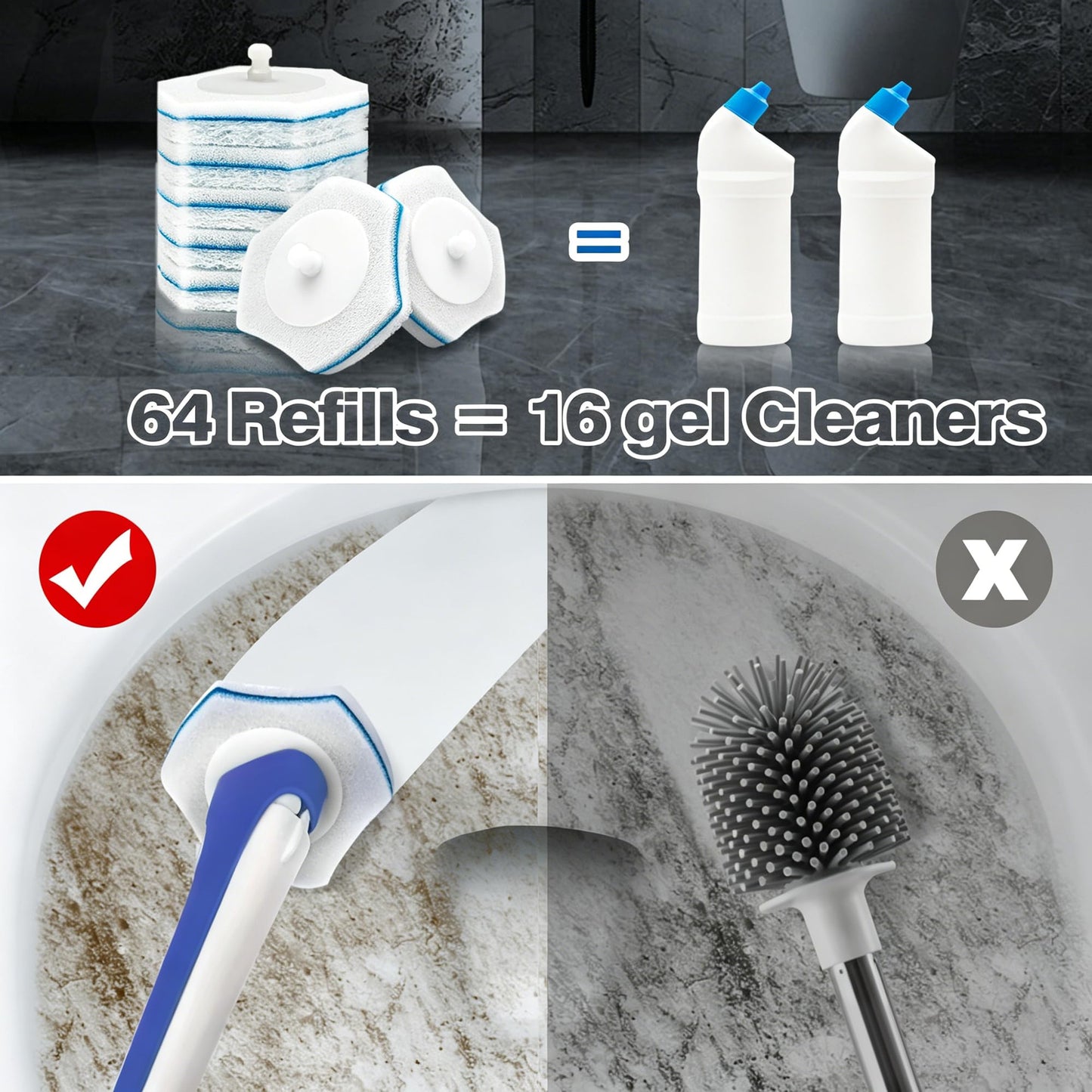 JEHONN Disposable Toilet Brush and Holder Set with 64 Cleaner Refills, Wall Mounted Bathroom Bowl Cleaning Wand System for Bathtub Sink Wash Basin