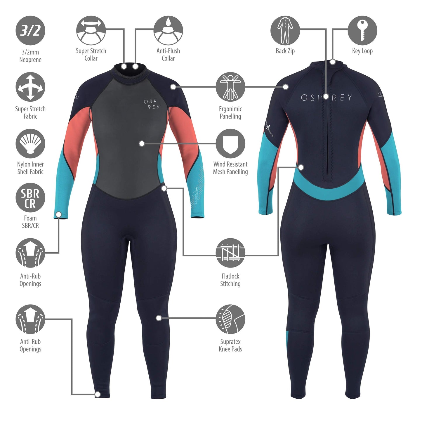Osprey Womens Full Length 3mm Summer Wetsuit, Adult Neoprene Surfing Diving Wetsuit, Zero, Coral, XL