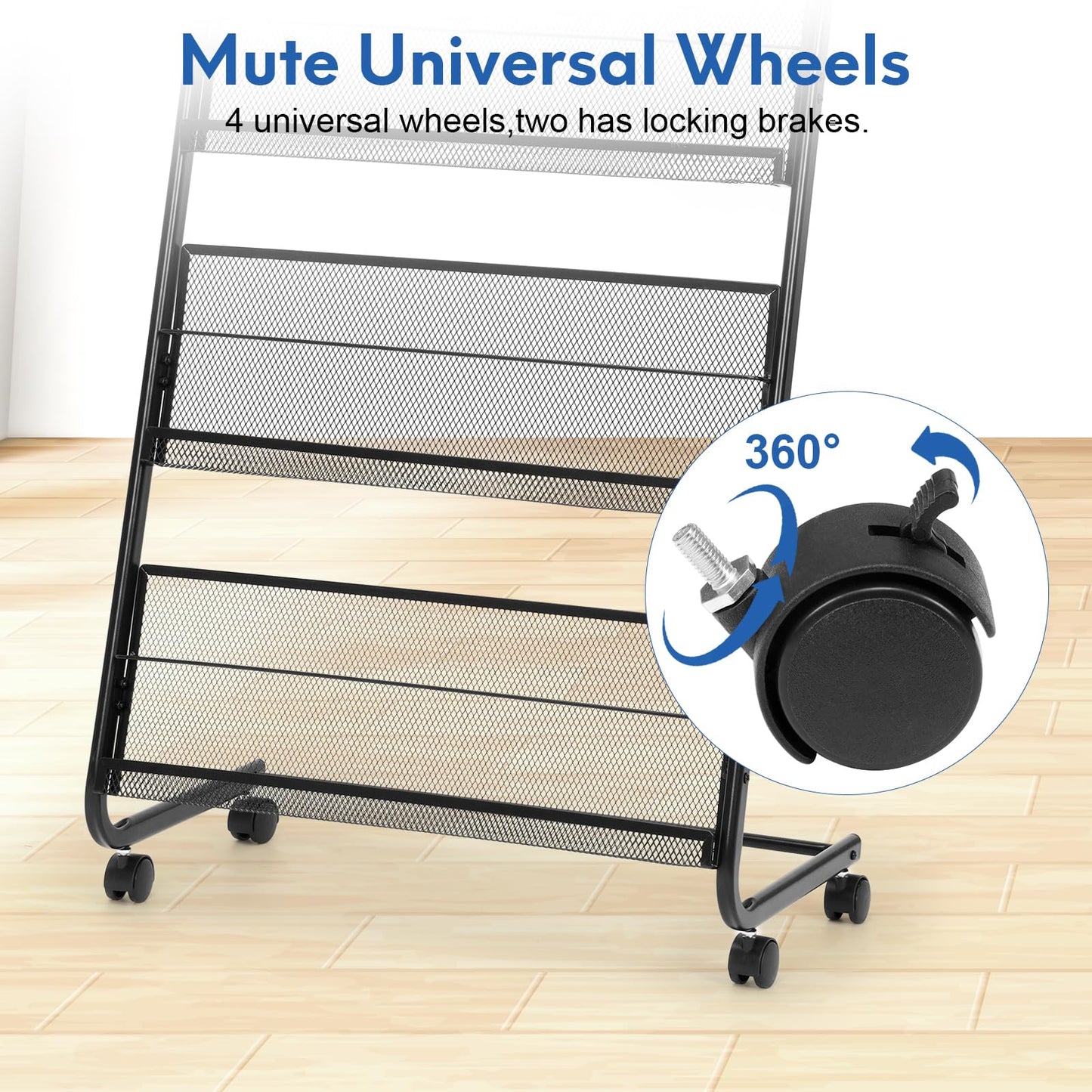 Vimunie Metal Magazine Rack Literature Display Rack, Magazine Stand Literature Holder with Wheels, Brochure Stand for Office Home Retail Store（Black）