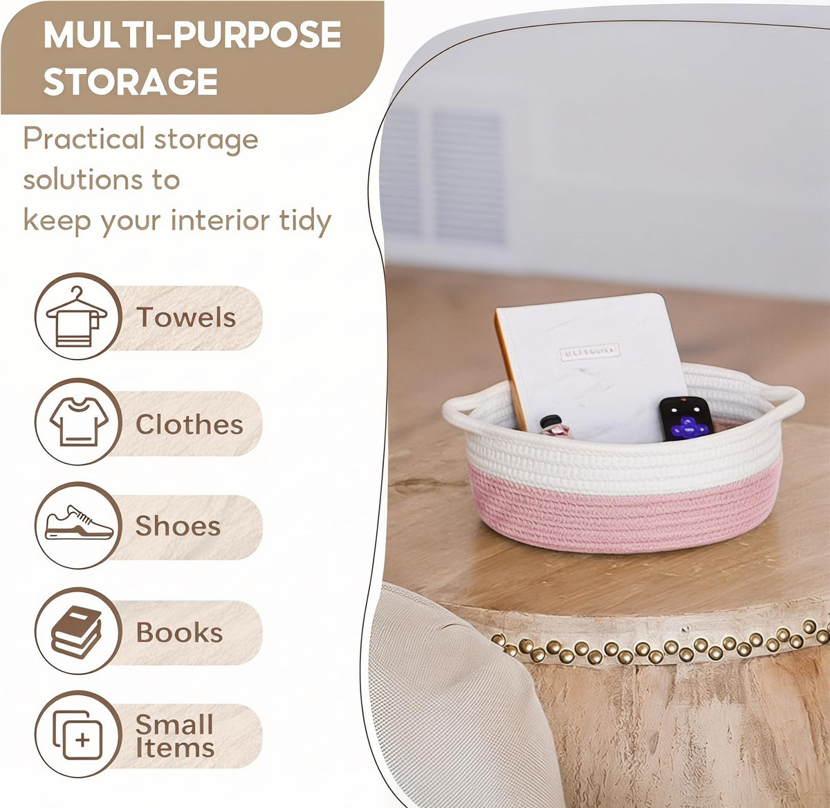 Storage Basket Woven Cotton Rope, Set of 5 Shelf Baskets with Handles
