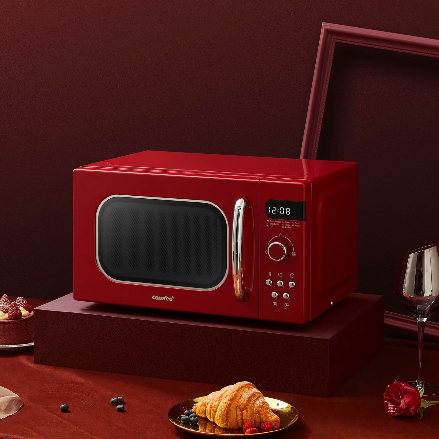 COMFEE' Retro Style 800w 20L Microwave Oven with 8 Auto Menus, 5 Cooking Power Levels, and Express Cook Button - Passionate Red - CM-M202RAF(RD)